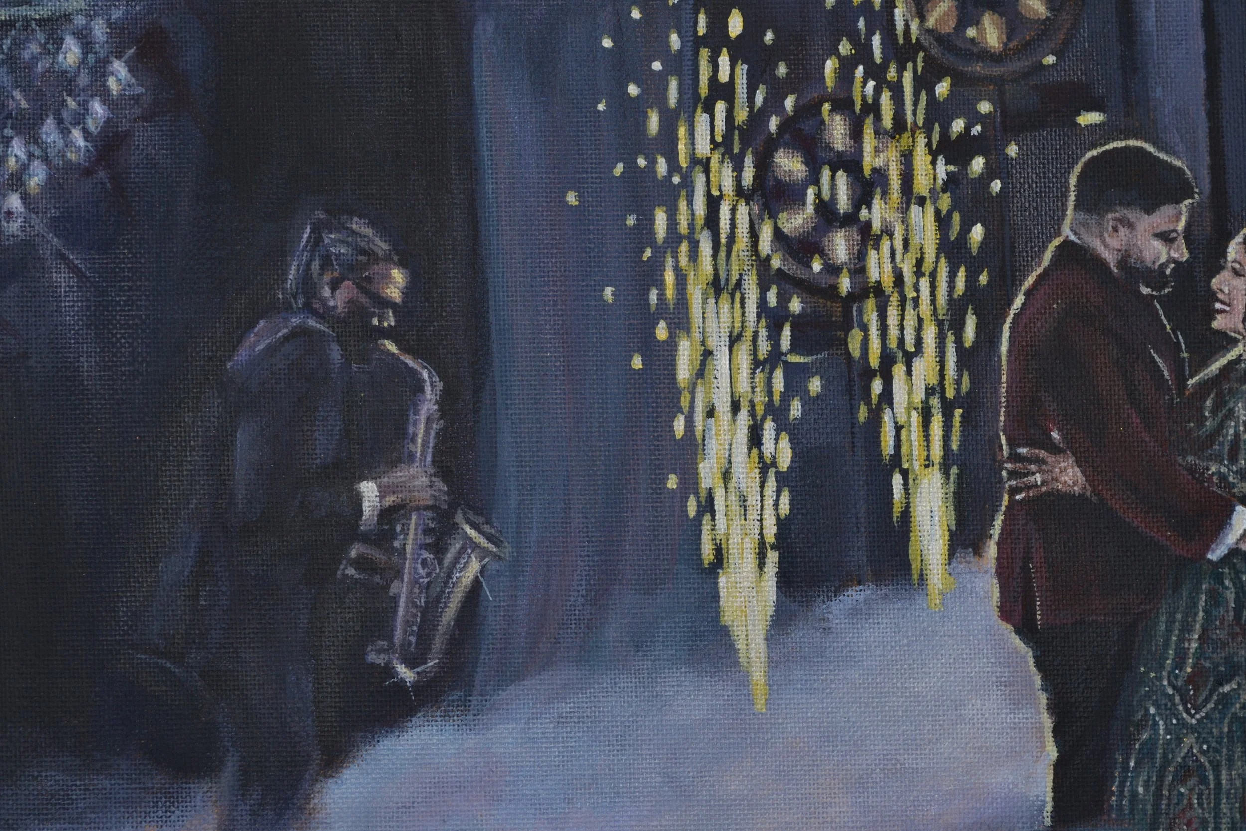 A painting of a jazz band performing. The band features a guitarist, a saxophonist, and a singer, with a microphone stand. The scene is set in an intimate, dimly-lit venue with warm lighting and decorative yellow flowers.