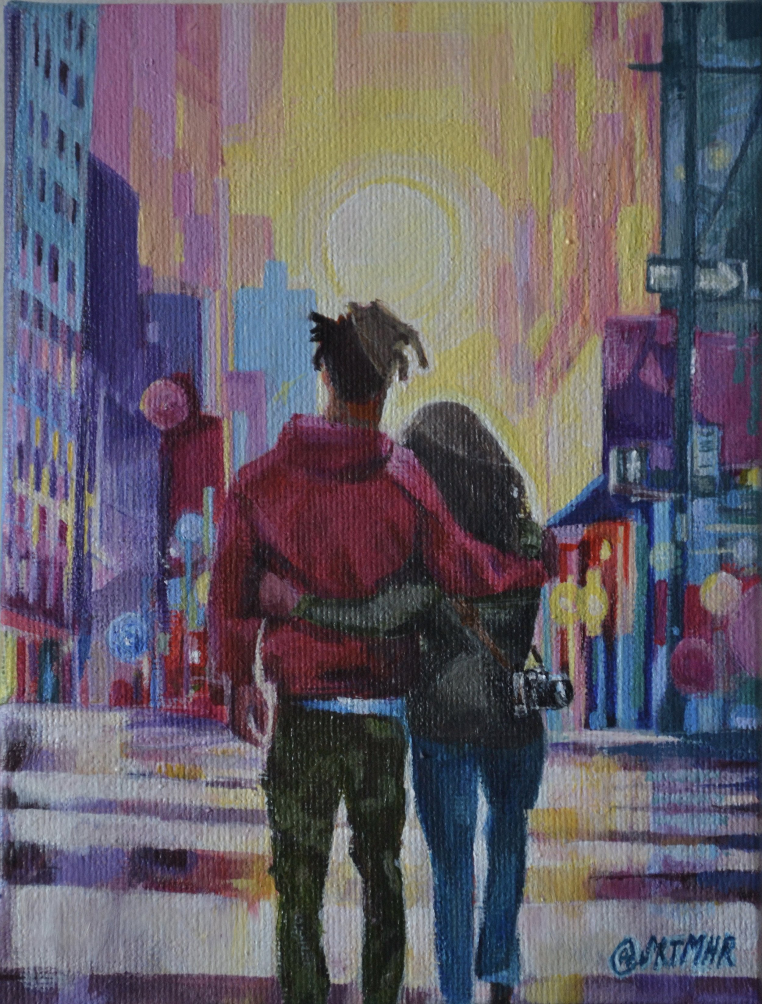 Painting of a couple walking down a colorful city street at sunset, with buildings and bright lights.