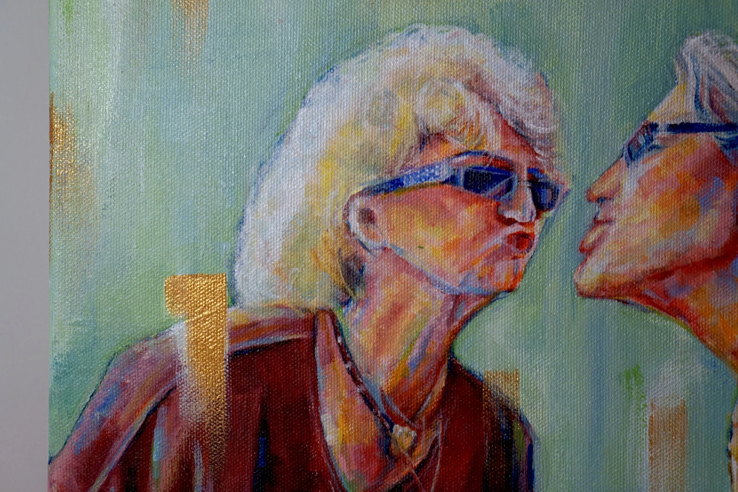Painting of two women with blonde hair and sunglasses facing each other, vibrant colors, abstract style.