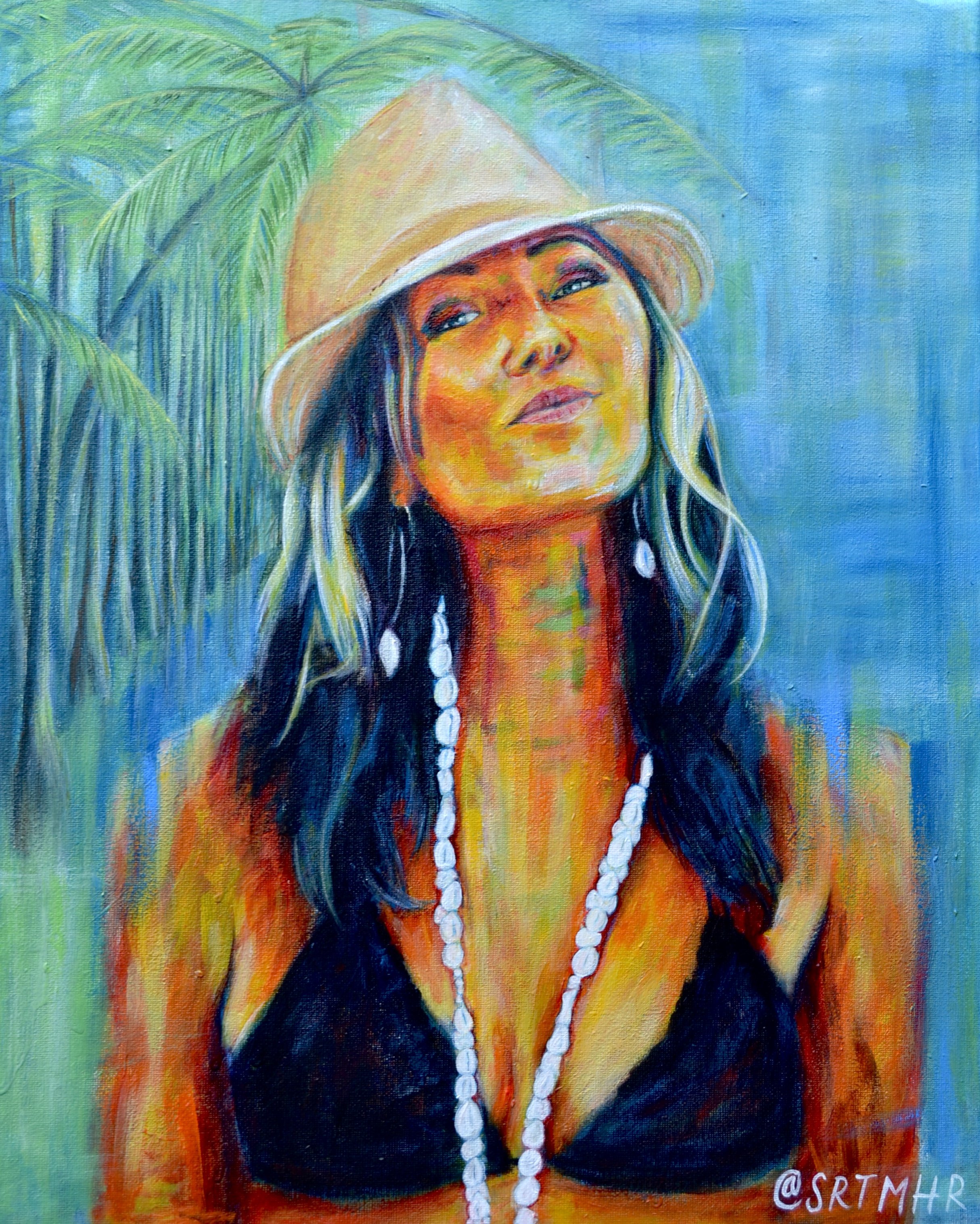 Painting of a woman with long dark hair adorned with white shells, wearing a black top and a striped sunhat, standing in front of tropical greenery, with a confident expression, in a colorful and expressive style.