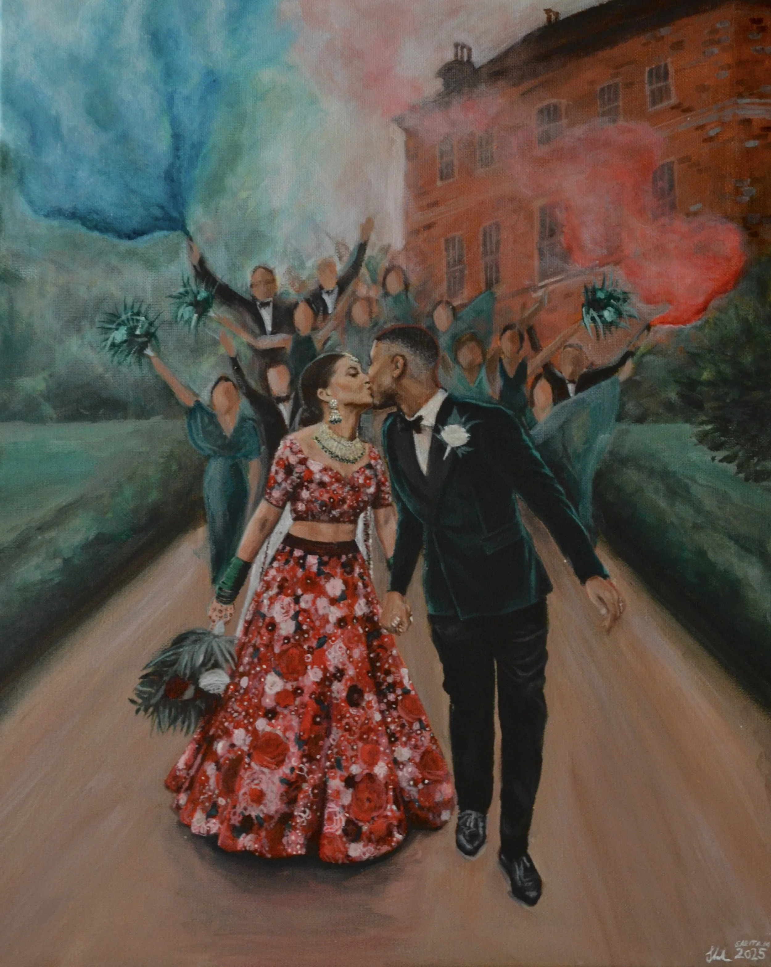 Painting of a couple in wedding attire kissing, holding hands, surrounded by dancers holding colorful smoke flares, with a historic building in the background.