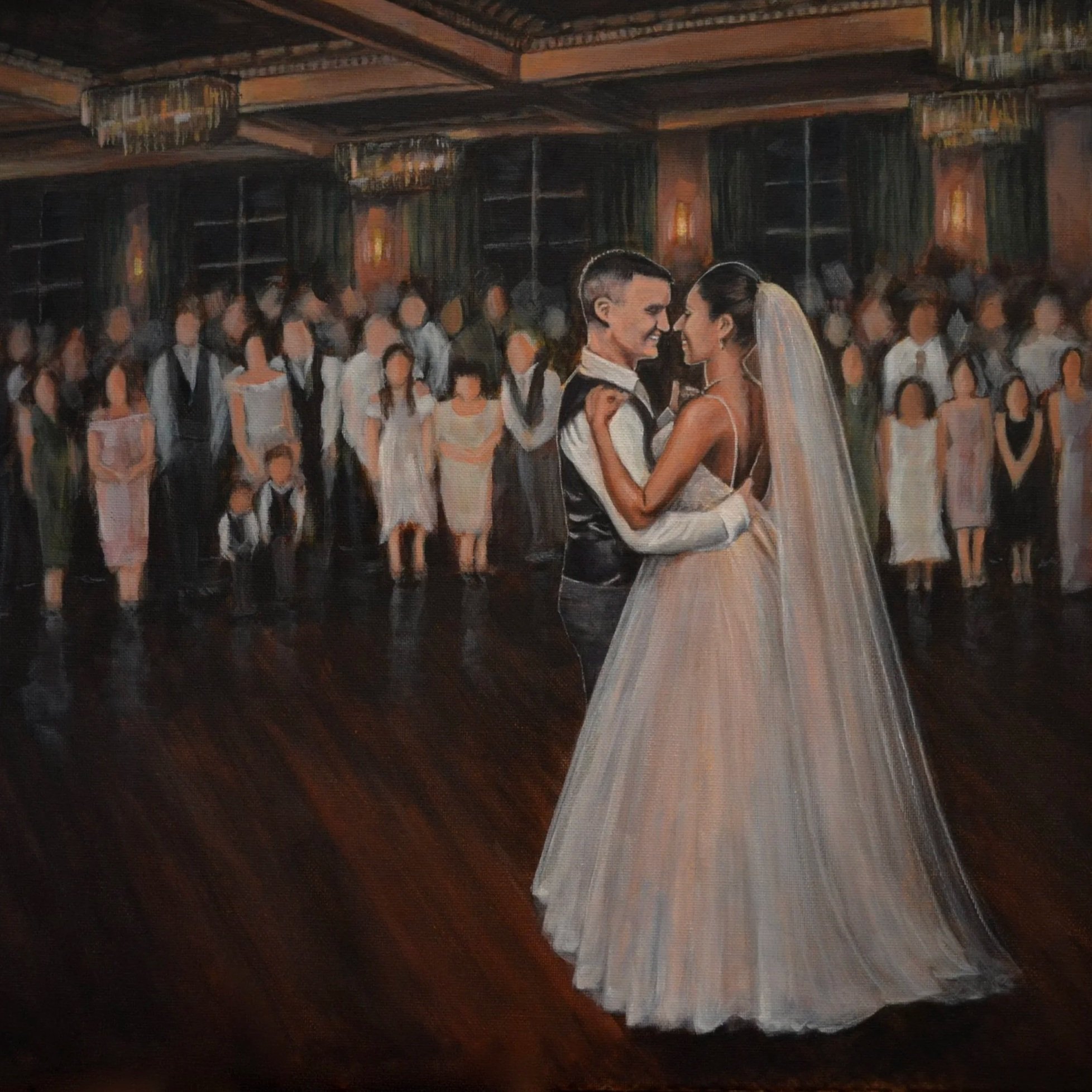 A newlywed couple is dancing together at their wedding reception. The groom is smiling and wearing a black vest with a white shirt, while the bride is in a white wedding gown with a veil. They are surrounded by many guests in formal attire, in a dimly lit banquet hall with dark wood floors and warm lighting.