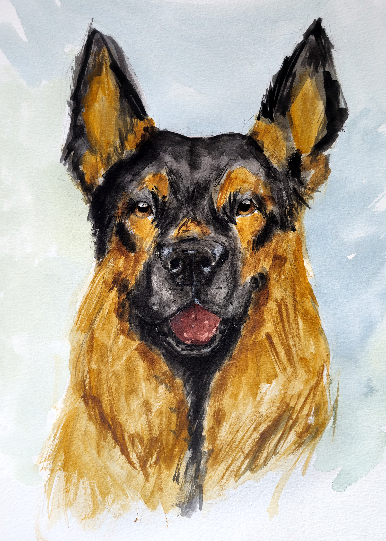 Watercolor painting of a German shepherd dog with a light background.