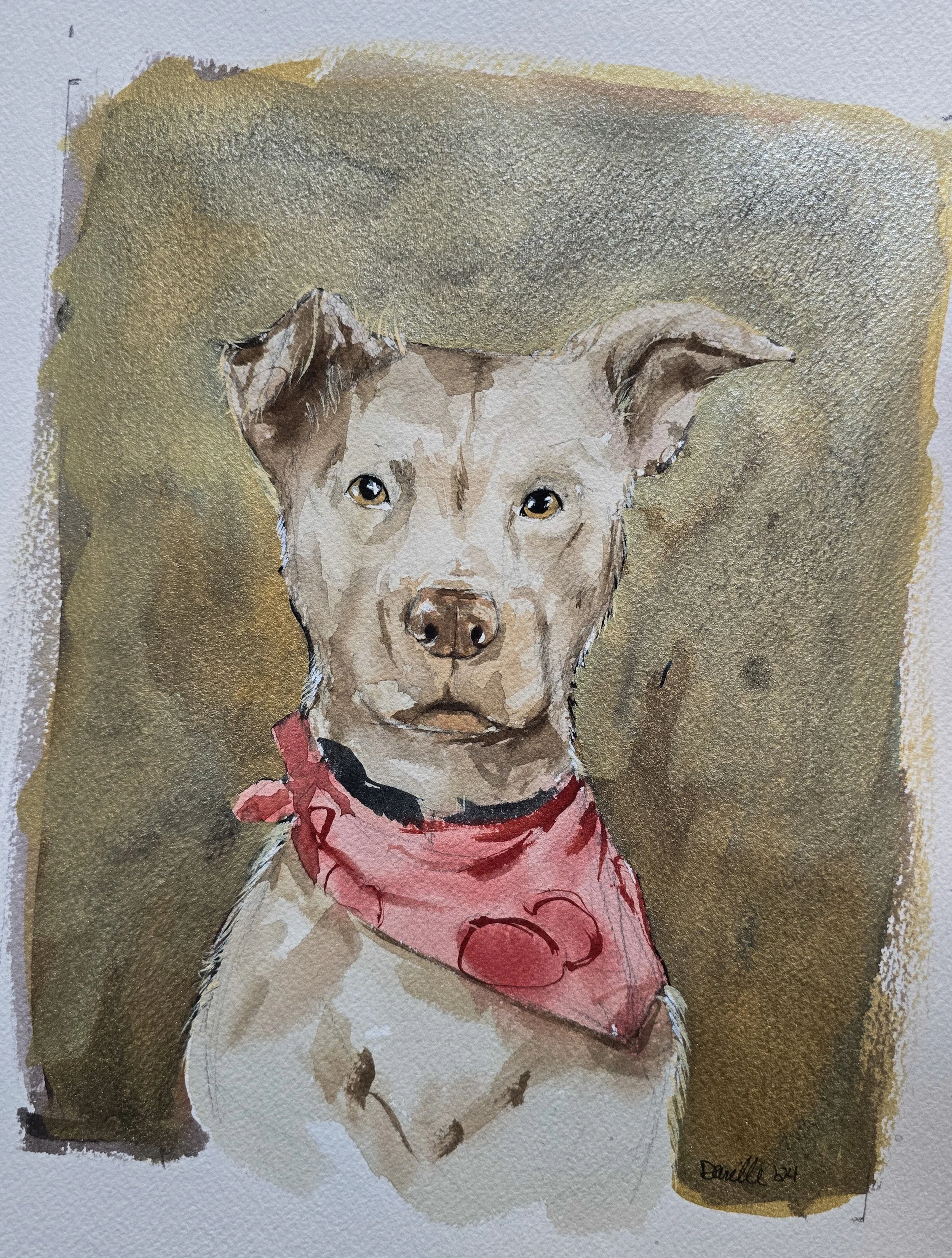Watercolor painting of a dog with a pink bandana around its neck, sitting against a brown background.