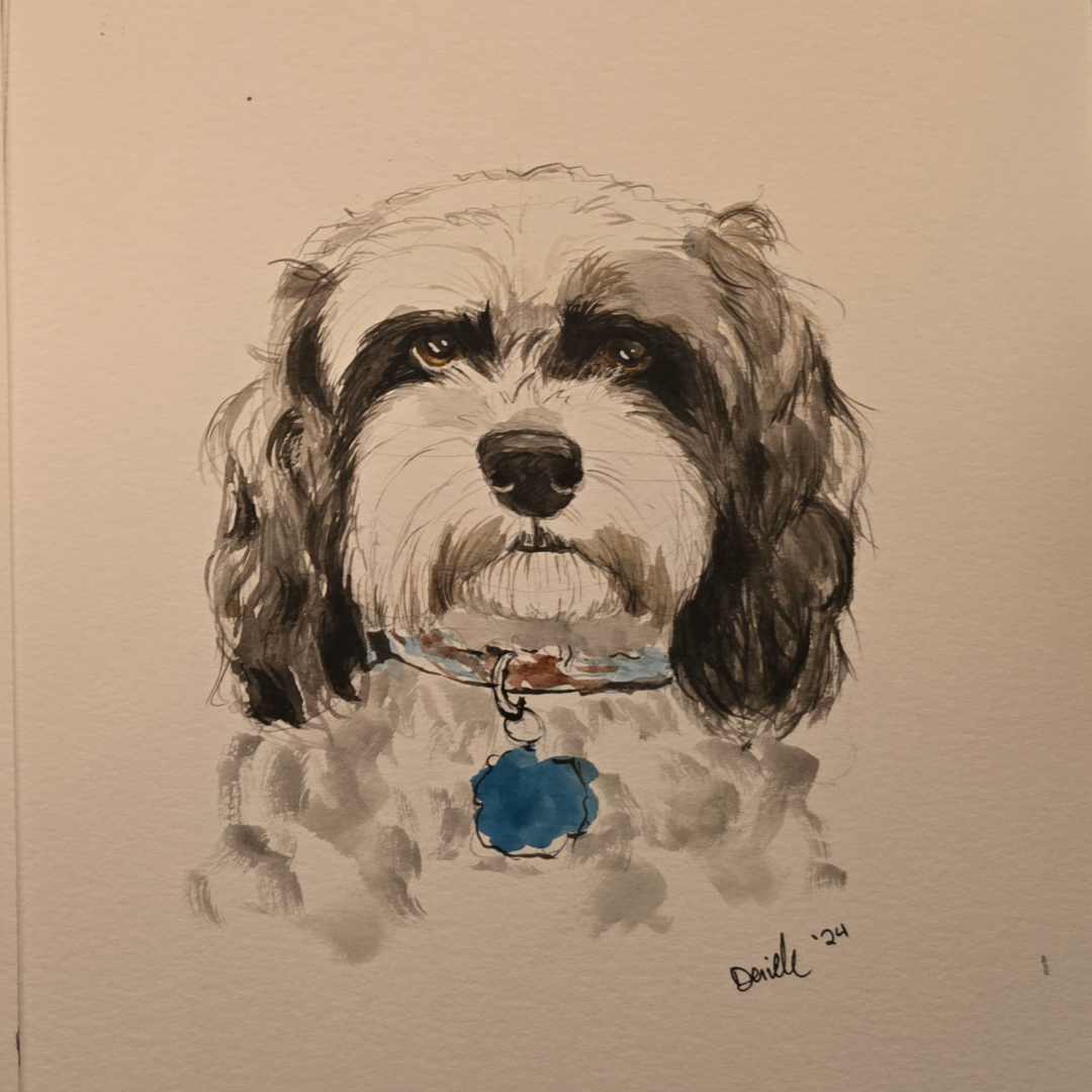 A watercolor portrait of a dog with long, curly fur and a blue collar with a blue bone-shaped tag.