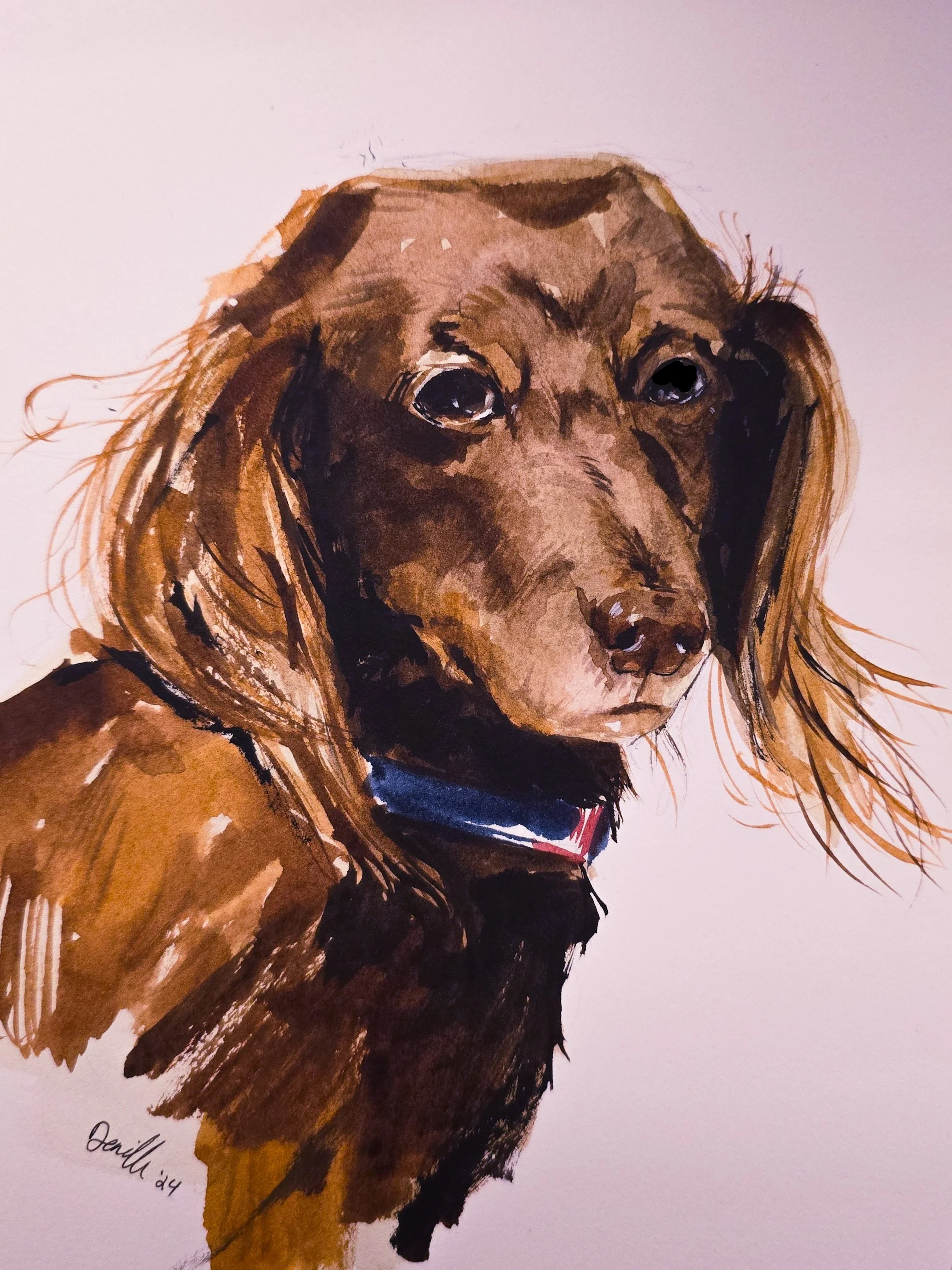 A watercolor painting of a brown dog with long ears and expressive eyes, wearing a blue collar.