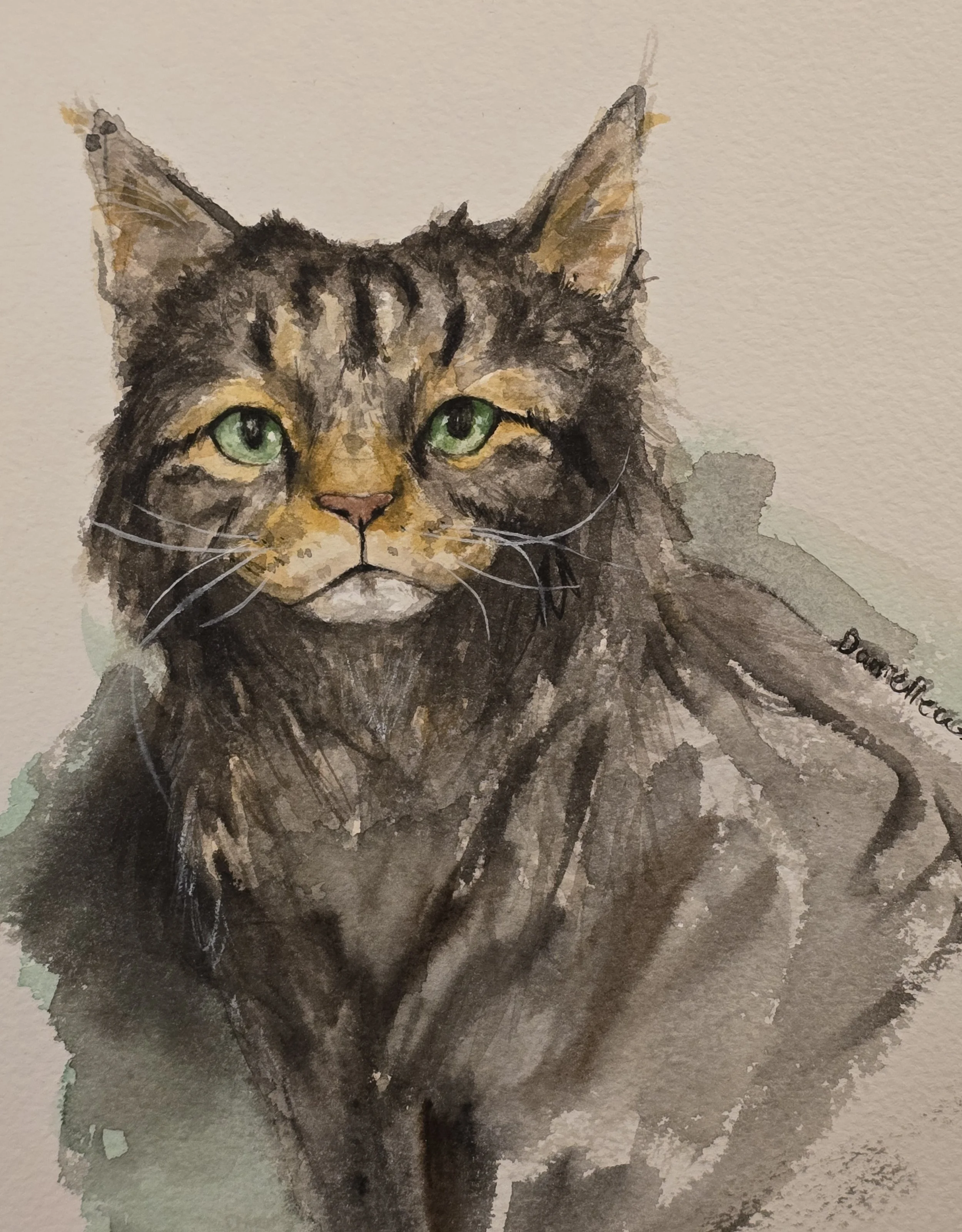 Watercolor painting of a tabby cat with green eyes, facing forward with a calm expression.