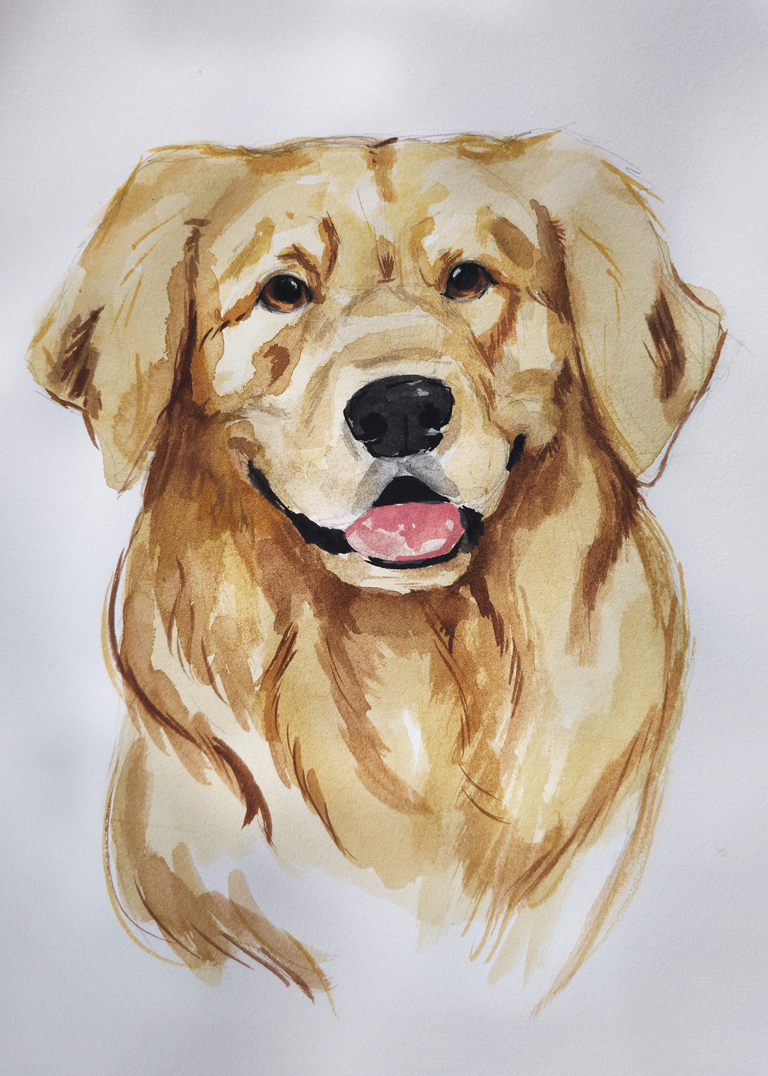 Watercolor painting of a golden retriever dog with a smiling expression, tongue slightly out, and dark eyes.