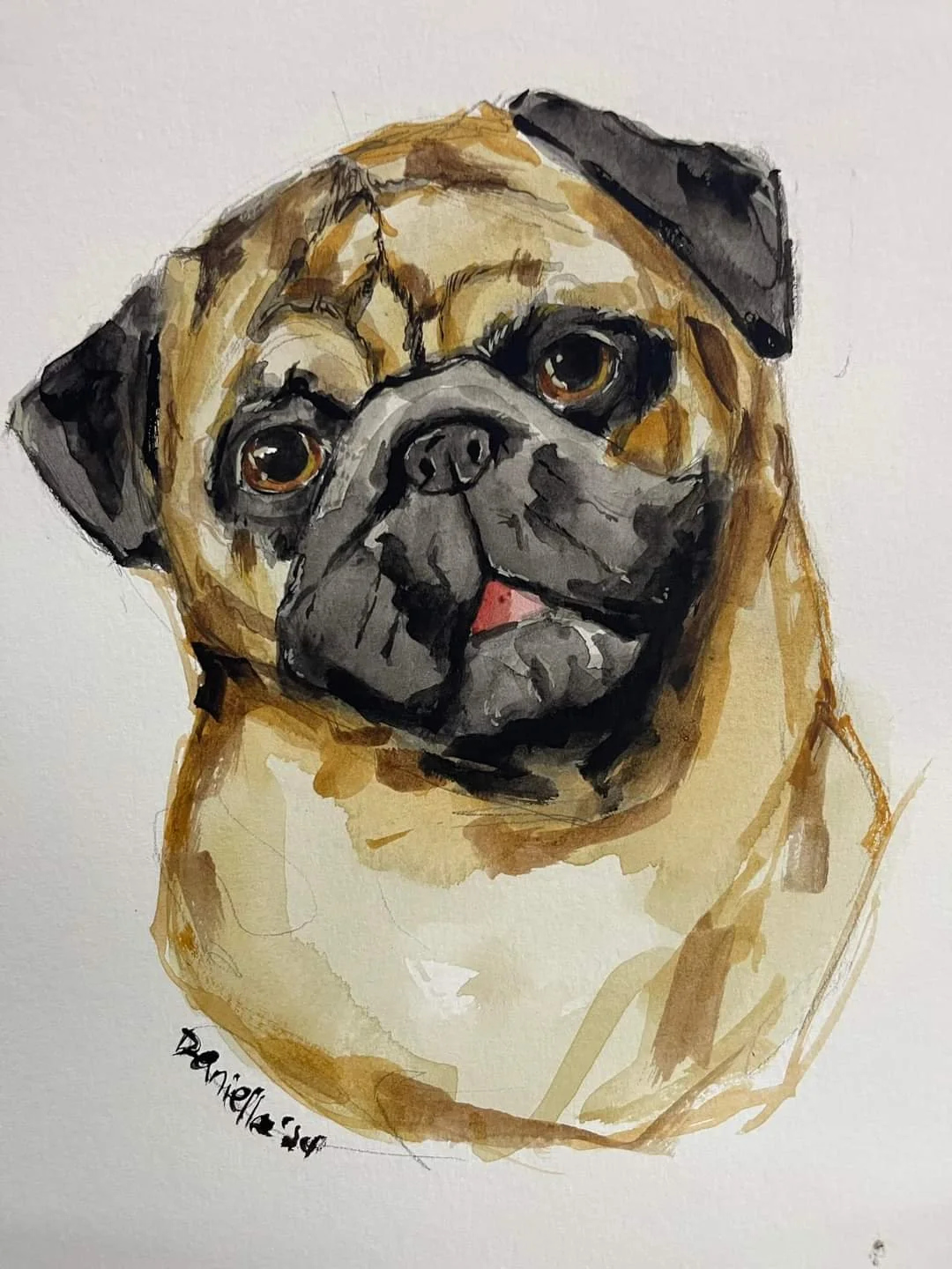 Watercolor painting of a pug dog with a beige coat, black facial features, large expressive eyes, and a pink tongue slightly sticking out.