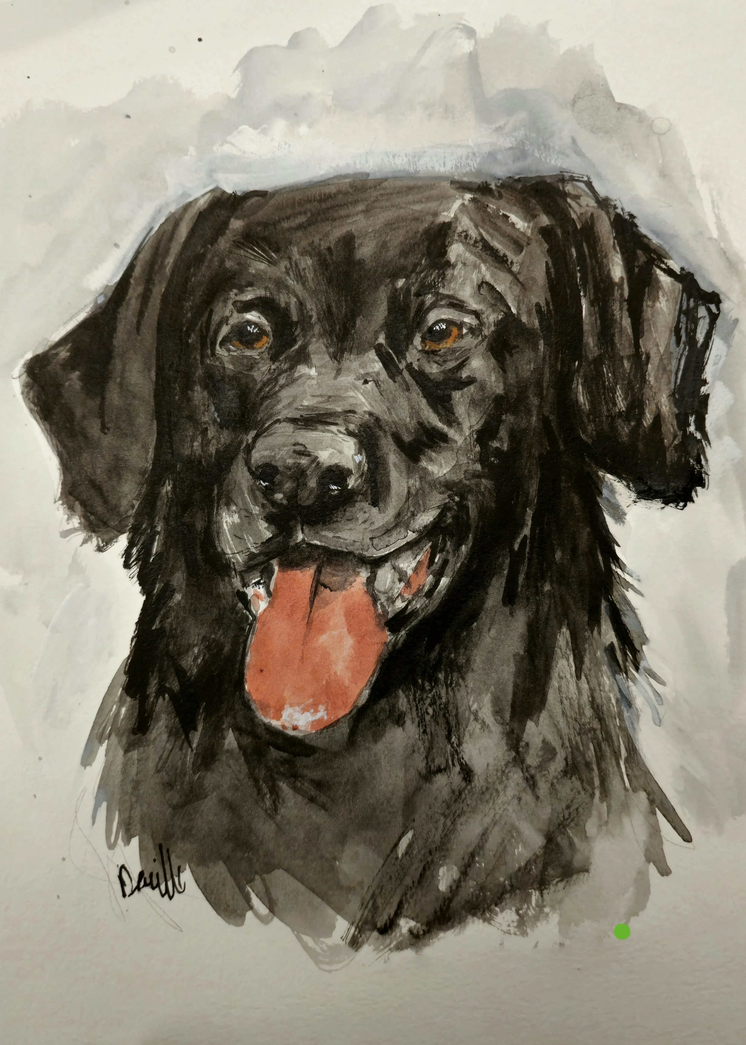 A watercolor portrait of a black Labrador retriever dog with a joyful expression, open mouth, and tongue hanging out.