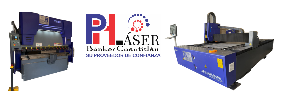 Máquinas láser industriales, logotipo de PLÁSER Búnker Cuautitlán y equipo de corte láser.