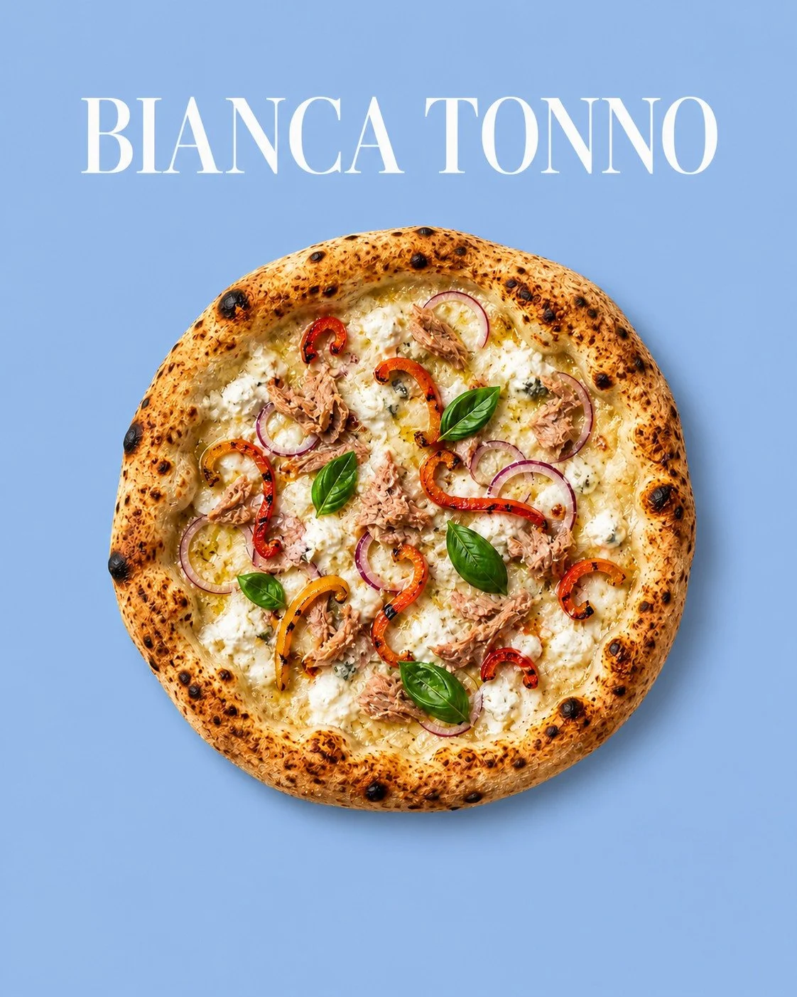 Pizza Bianca Tonno mit Thunfisch, Ricotta, roten Zwiebeln und Gorgonzola
