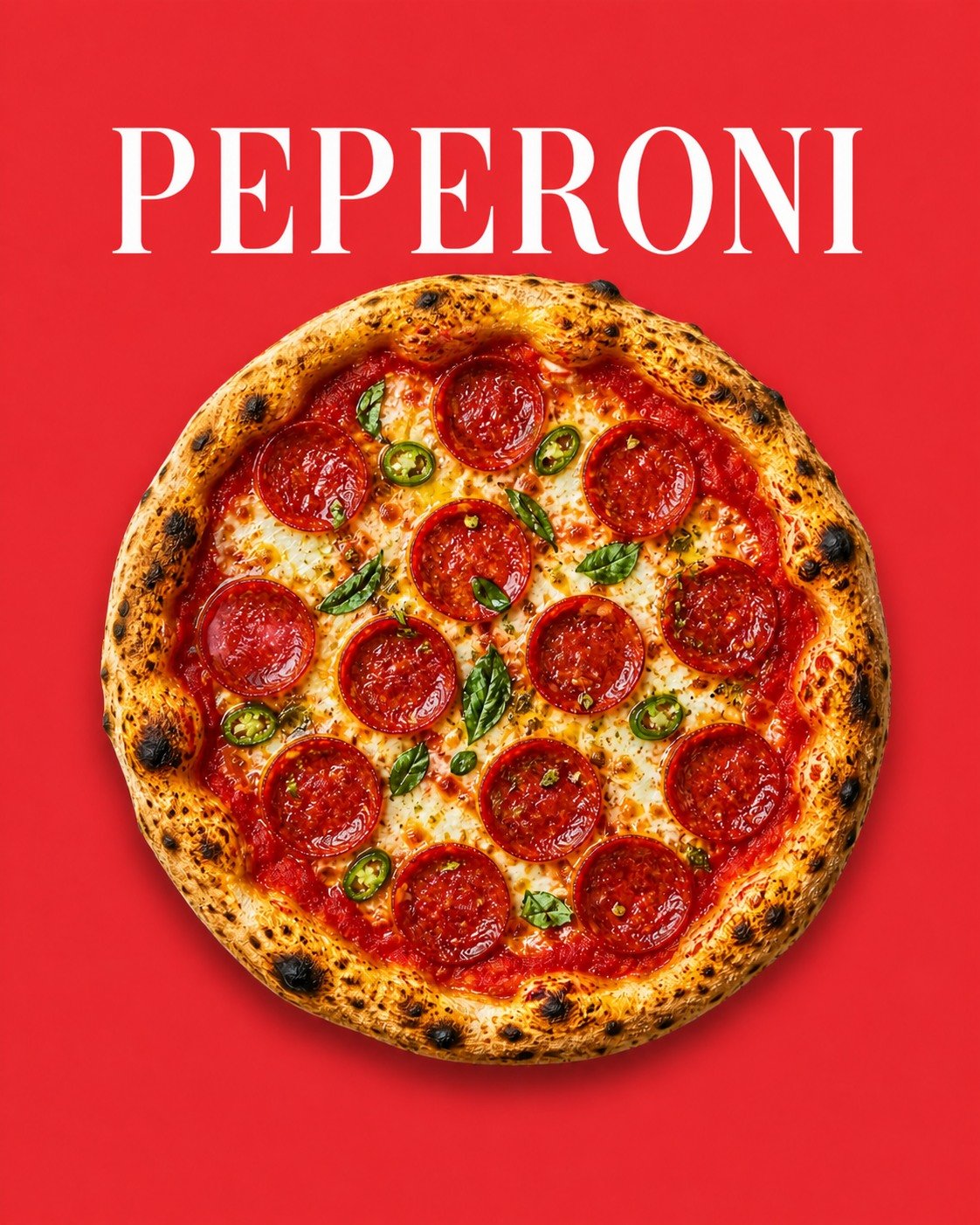 Pizza Peperoni mit Tomatensauce, Fior di Latte, Peperoni-Salami, Oregano und Basilikum

