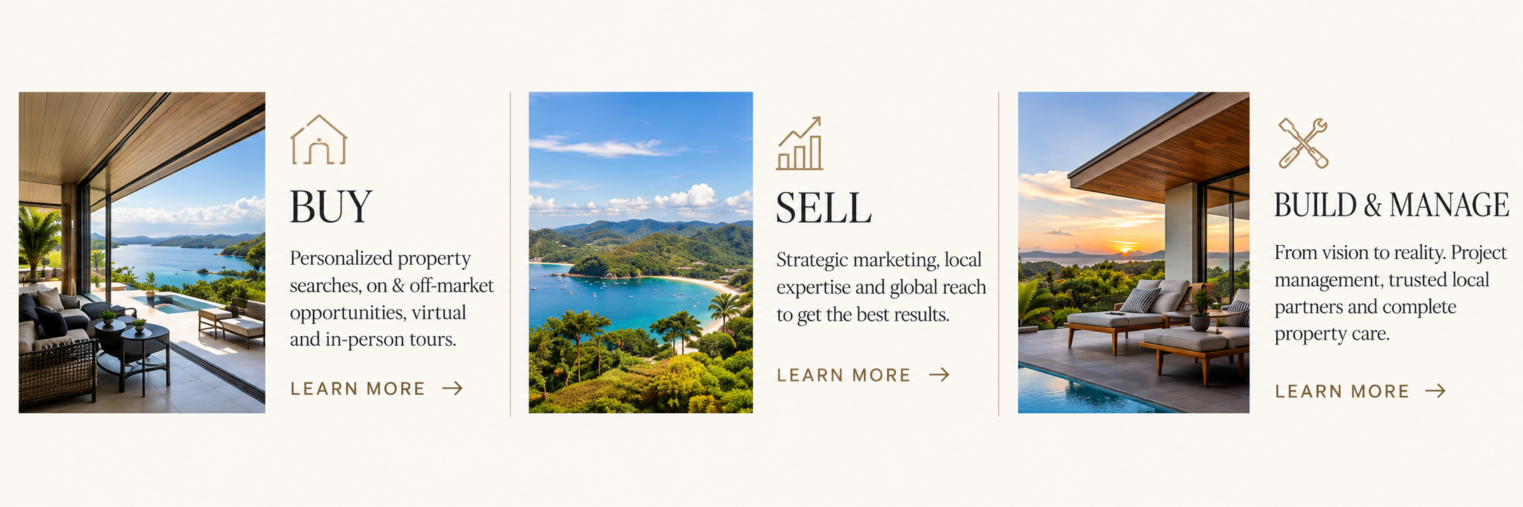 A promotional design divided into four sections with images and text for real estate services. The first section shows a modern living room with a panoramic view of a lake and mountains. The second section displays a landscape of a bay with hills and boats. The third section features the same living room at sunset. The fourth section has icons of a house and tools, along with text about building management.