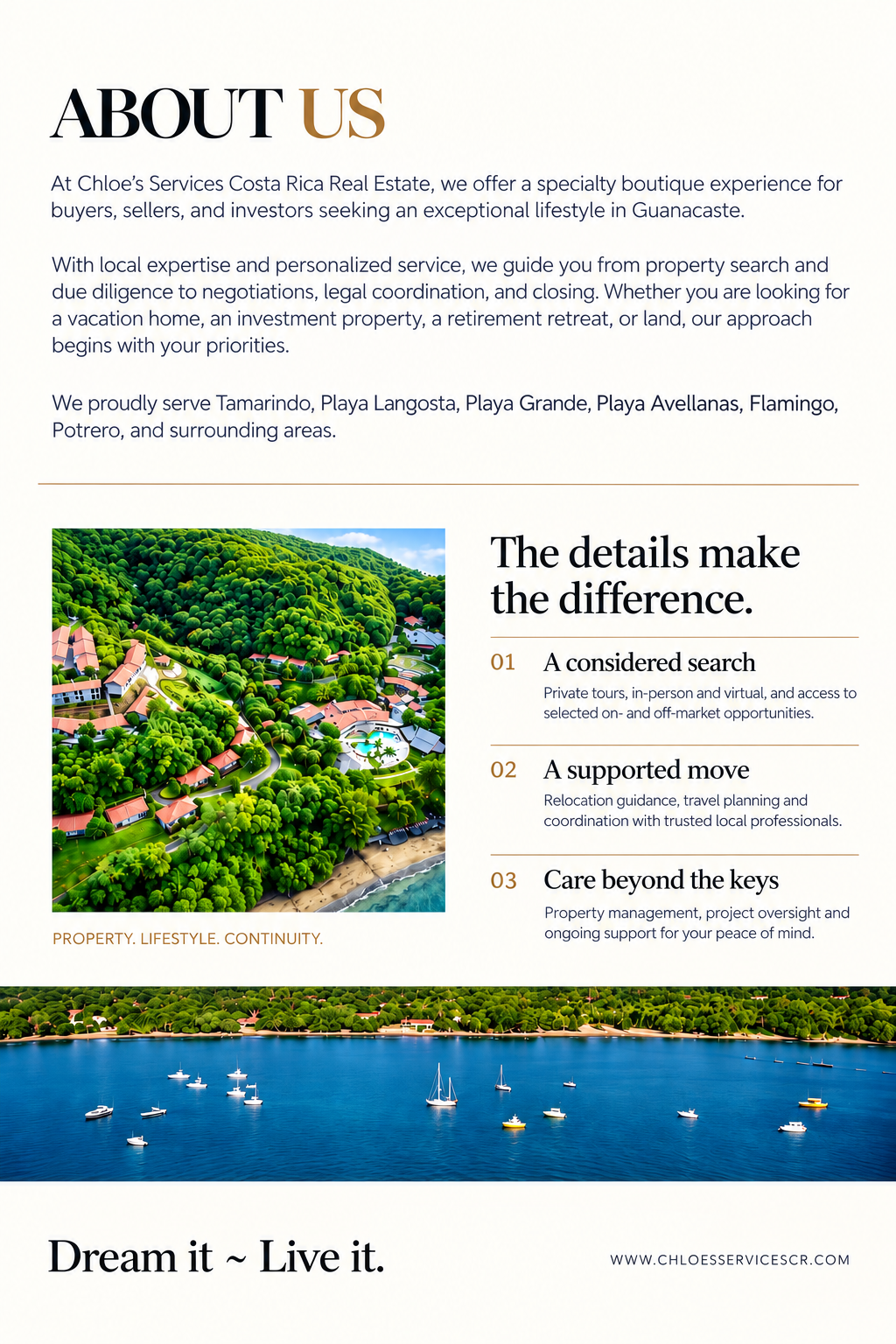 A real estate flyer for Chloe's Services Costa Rica Real Estate featuring images of lush green hills, houses, and boats on the water, with text about property services and lifestyle in Guanacaste.