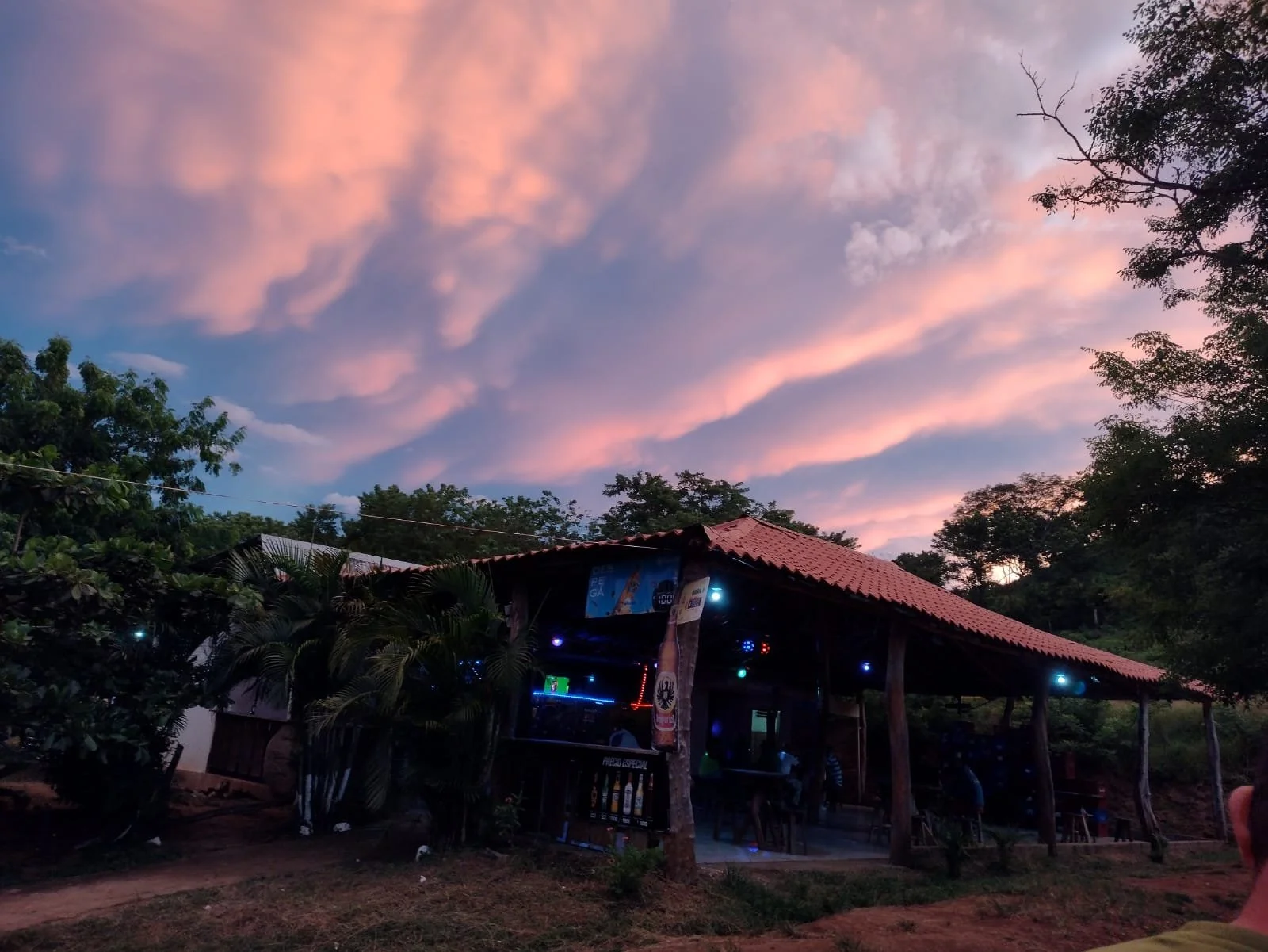 An outdoor bar or restaurant with a red tiled roof, surrounded by trees, at sunset with pink and purple clouds in the sky. The bar has neon and LED lights, and a few people are sitting inside.