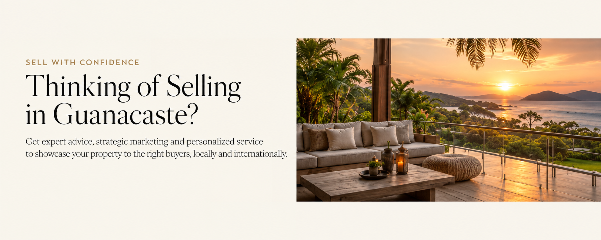 A scenic balcony view of Guancaste at sunset, with mountains, the ocean, and lush greenery visible, next to a cozy sitting area with pillows and candles.