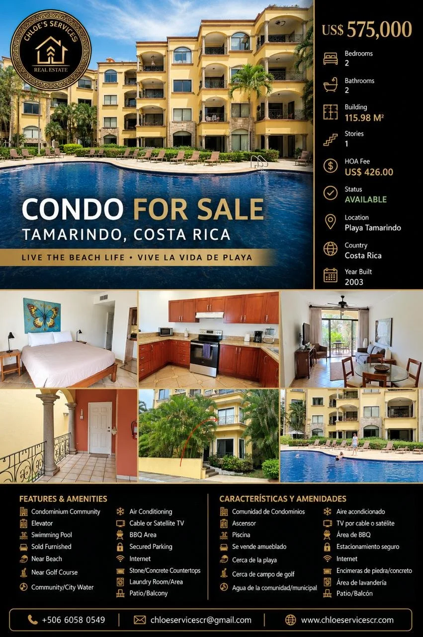 Condo for sale ad in Tamarindo, Costa Rica, featuring a large swimming pool, building exterior, and interior images of a bedroom, kitchen, living room, balcony, and lush garden. Listing details include price, number of bedrooms and bathrooms, and contact information.