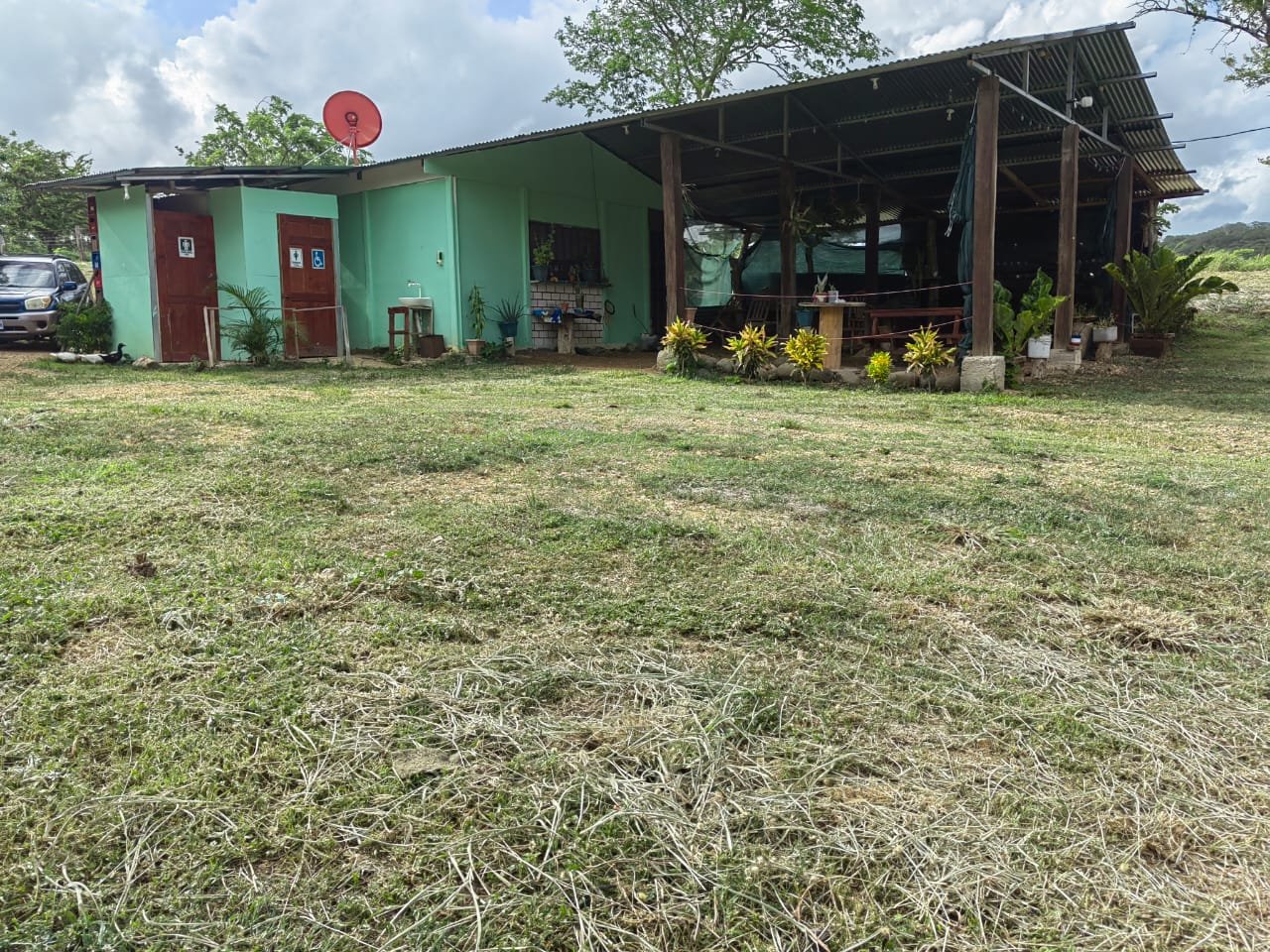 A small building with a green wall and a red satellite dish on the roof, situated next to a larger open wooden structure with plants along its perimeter, on a grassy area with trees and cloudy sky in the background.