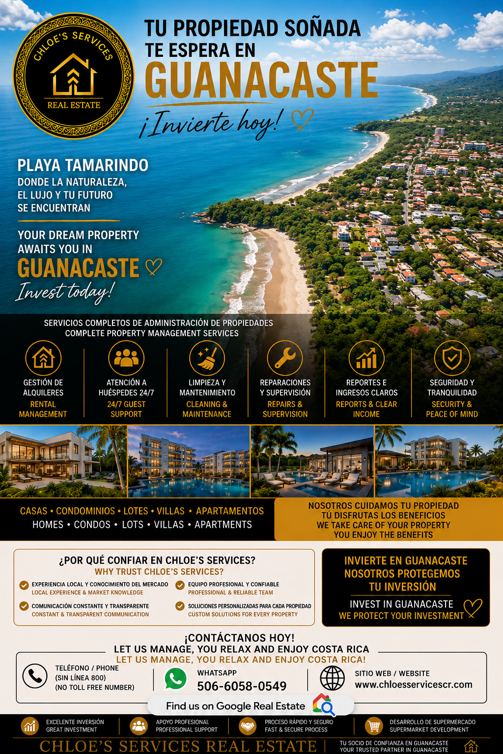 Aerial view of a coastal area showcasing a beach, ocean, and numerous residential buildings surrounded by green trees. The image is part of a real estate advertisement for properties in Guanacaste, Costa Rica, featuring text about rental management, guest support, property maintenance, repairs, reports, security, and investment opportunities.