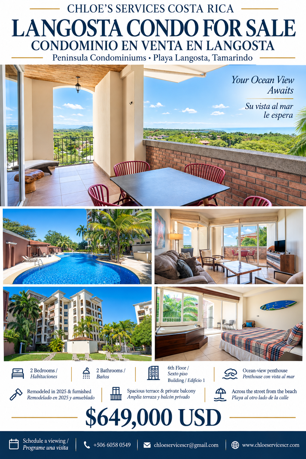 Brochure advertising a condo for sale in Langosta, Costa Rica. Features images of a balcony with ocean view, swimming pool with tropical landscaping, a living room with large windows and balcony access, a bedroom with an ocean view, and details about the condo including two bedrooms, two bathrooms, sixth-floor location, an ocean-view penthouse, remodeled in 2025, with a spacious terrace, and the price of $649,000 USD. Contact information is included at the bottom.