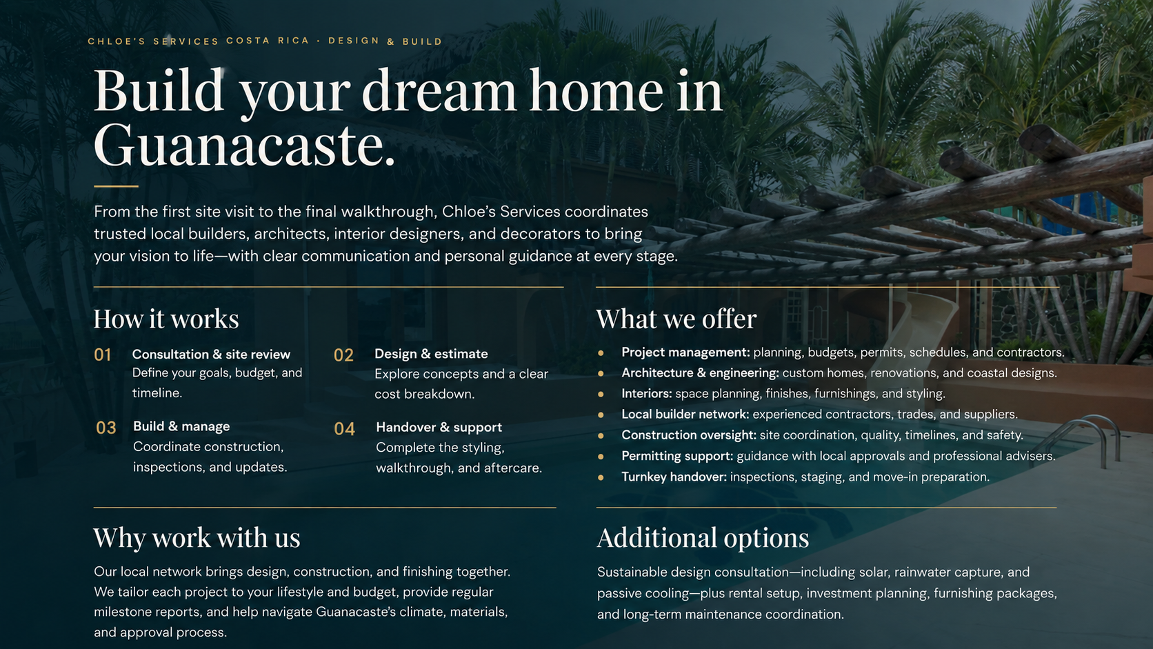A website homepage for Chloe's services in Costa Rica, emphasizing design and build for homes in Guanacaste. The page includes sections about how it works, what they offer, why work with them, and additional options, with a background image of a partially built wooden structure surrounded by lush greenery.