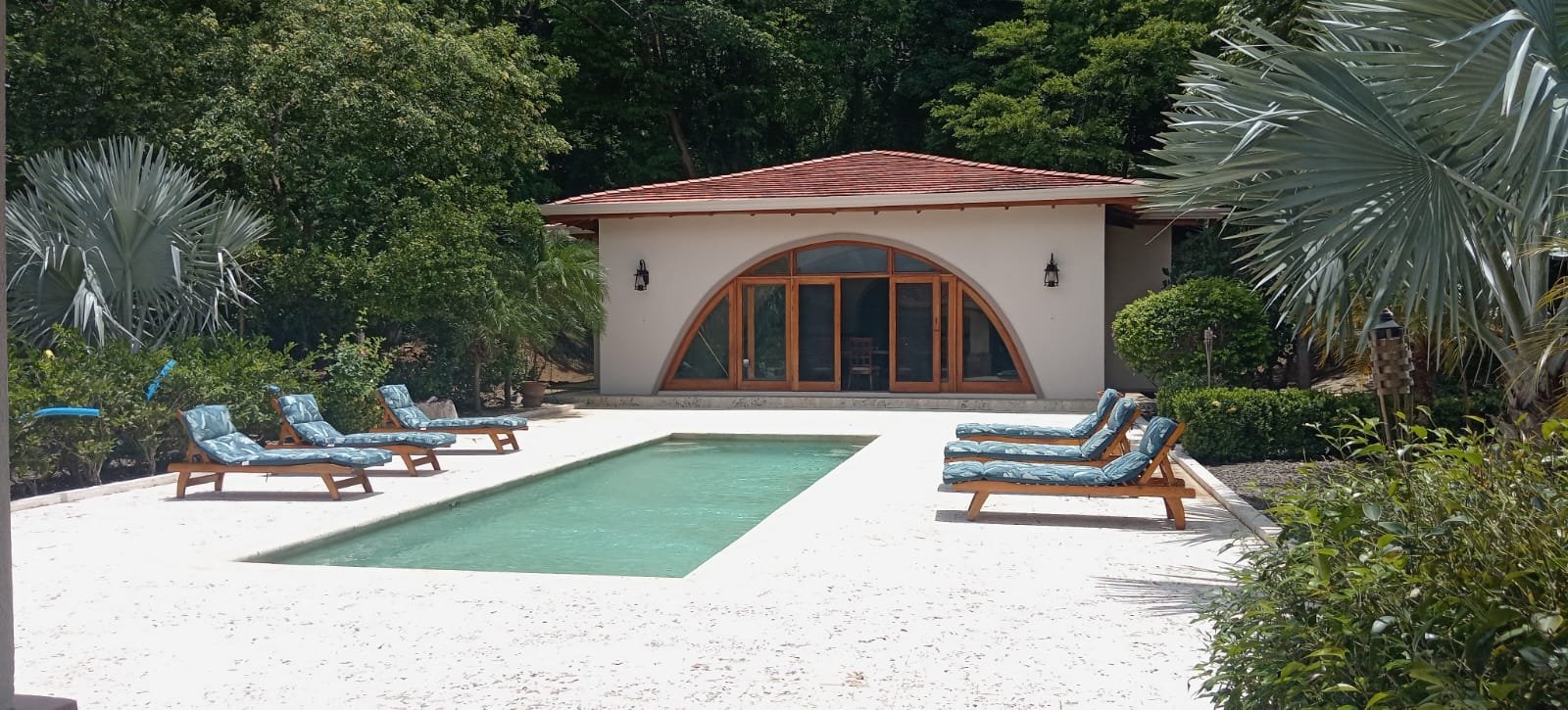 A backyard with a small swimming pool surrounded by lounge chairs, with a house featuring arched windows and a red-tiled roof in the background, lush green trees and plants around.