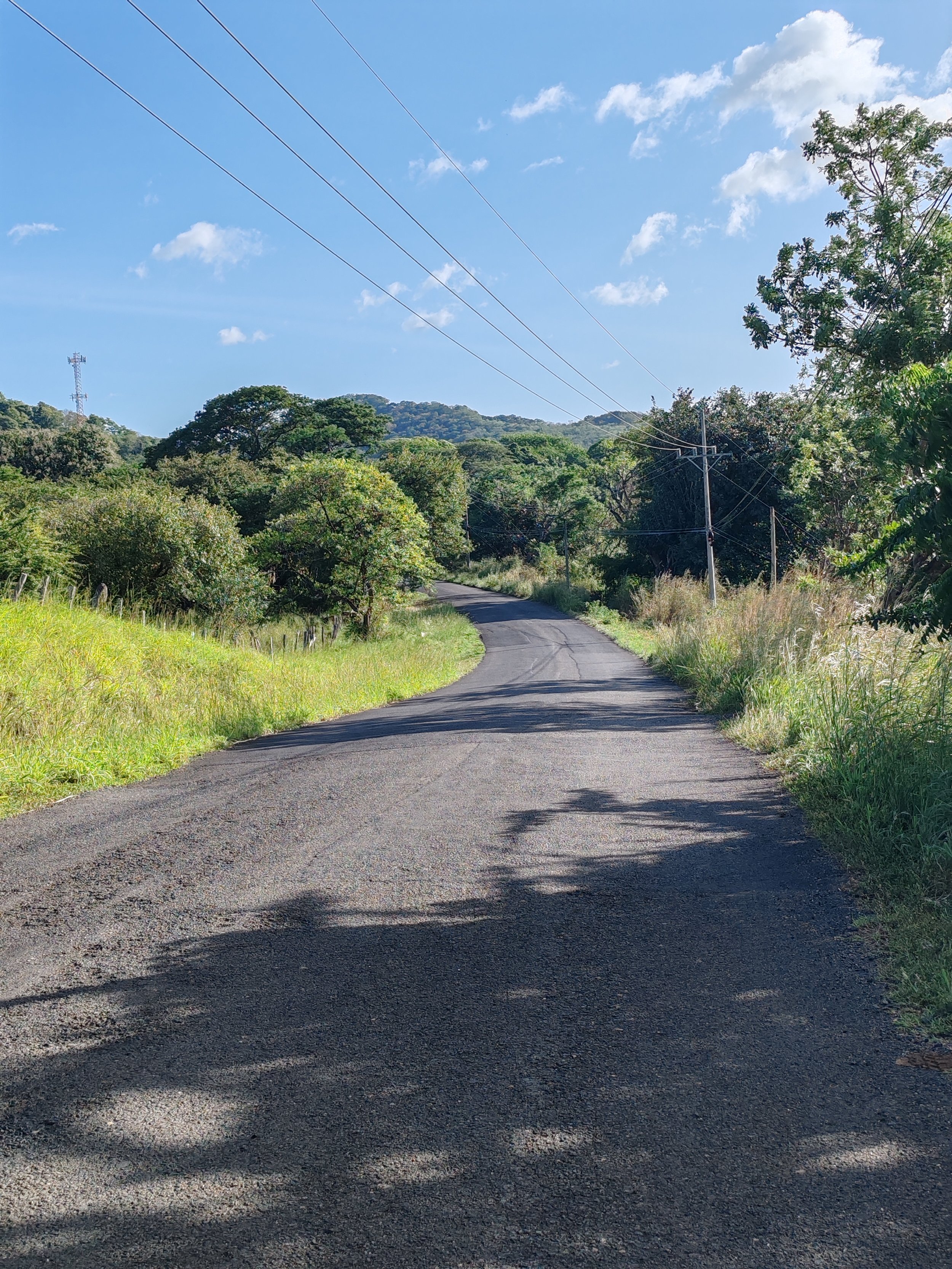 A narrow winding asphalt road running through a rural landscape with lush green trees and grass on both sides. Power lines run parallel to the road, and a hilly area is visible in the distance under a clear blue sky with a few scattered clouds.