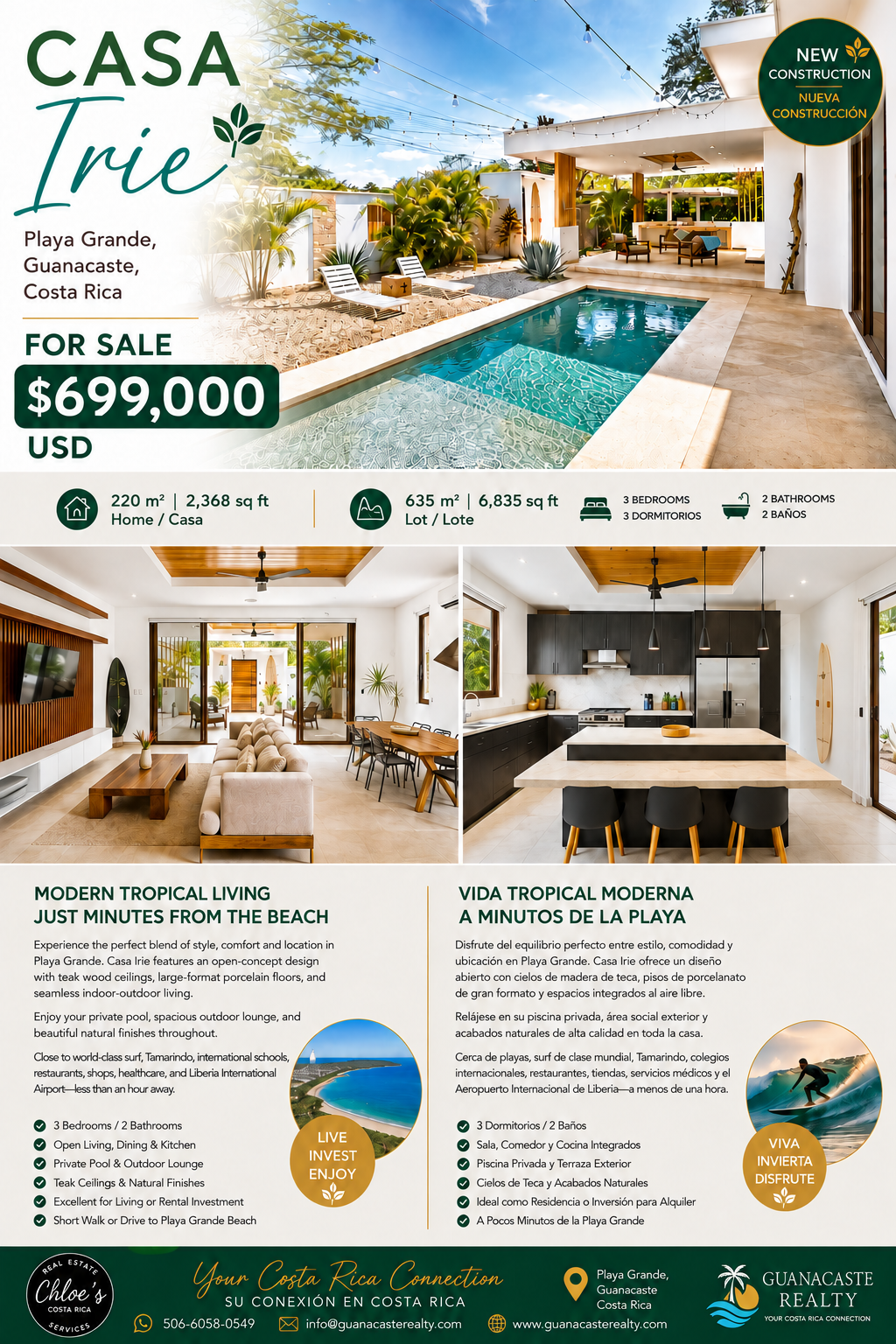 Real estate listing for Casa Irie in Playa Grande, Guanacaste, Costa Rica, showing images of a swimming pool, modern living room, and kitchen, with details about the property for sale at $699,000 USD.