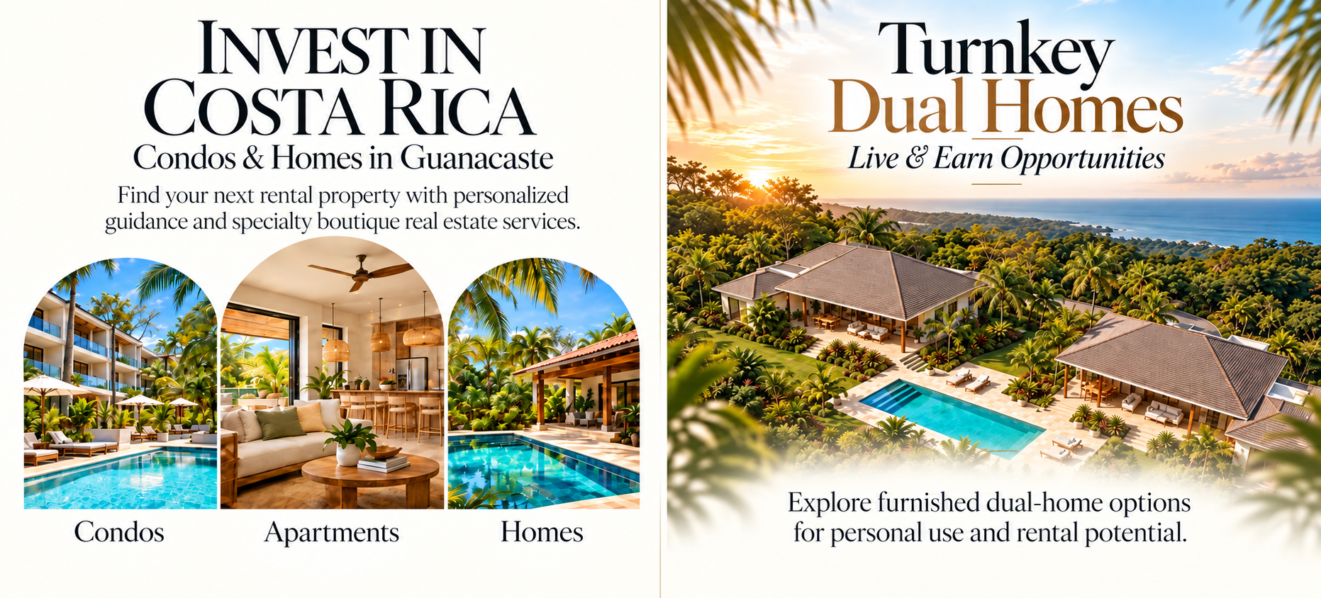 Advertisement for real estate investment in Costa Rica, featuring condos, apartments, and homes, with images of a swimming pool, interior living space, and tropical outdoor settings, promoting dual-home options for rental and personal use.