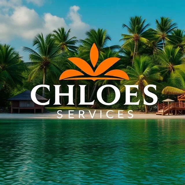 A tropical scene with palm trees, a building, and water, featuring a logo with an orange leaf design and text 'Chloes Services'.