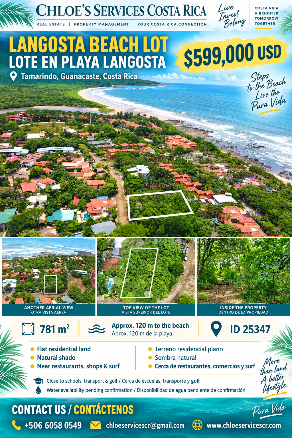 Aerial view of a beach area in Tamaringo, Guanacaste, Costa Rica, showcasing a beach and greenery, with plots of land outlined for sale, and details about the property for sale at Langosta Beach Lot priced at $599,000 USD.