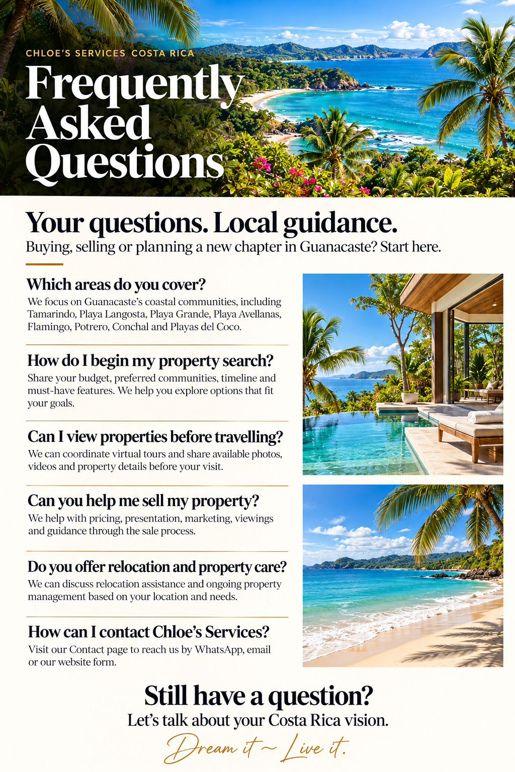 A real estate FAQ flyer for Chloe's Services Costa Rica featuring a tropical beach scene with palm trees, ocean, and mountains, along with images of a poolside deck, a beach, and listings with palm trees and water.