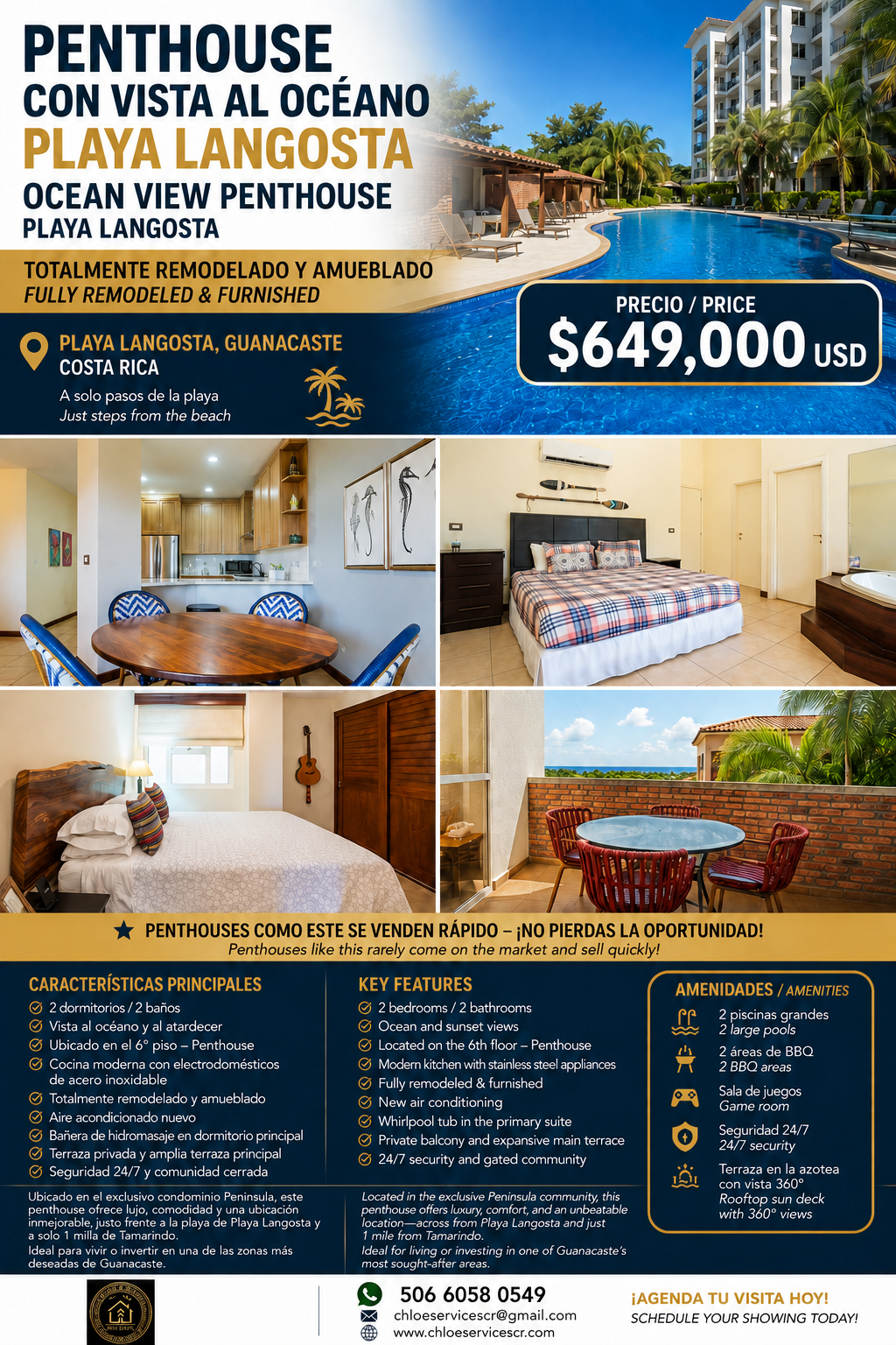 Advertisement for a fully remodeled ocean view penthouse at Playa Langosta in Guanacaste, Costa Rica, featuring images of the penthouse interior, kitchen, bedroom, balcony, and the swimming pool area.