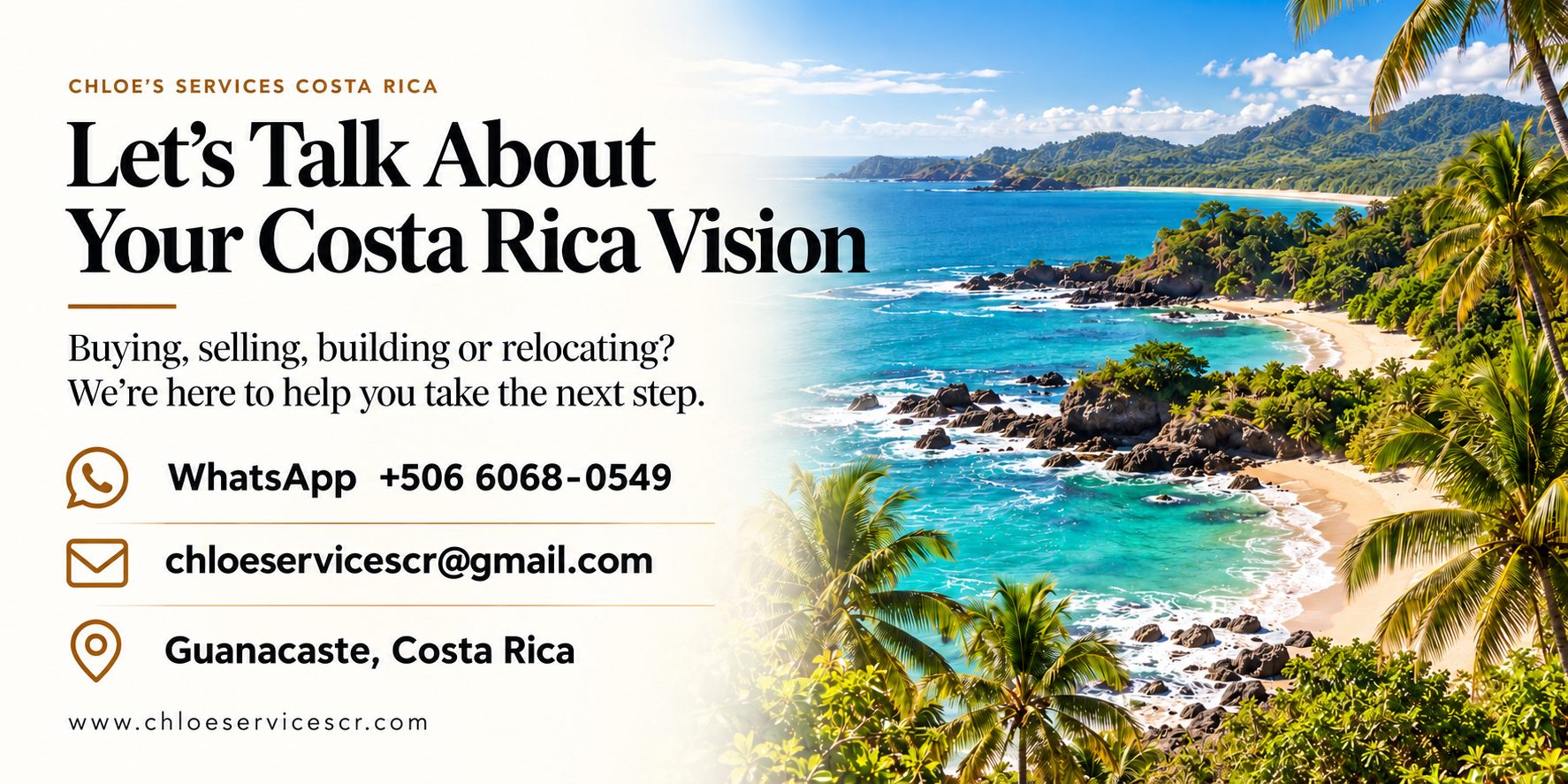A promotional flyer for Chloe's Services Costa Rica featuring a tropical beach with palm trees, rocks, and blue ocean waters, advertising real estate services in Costa Rica.