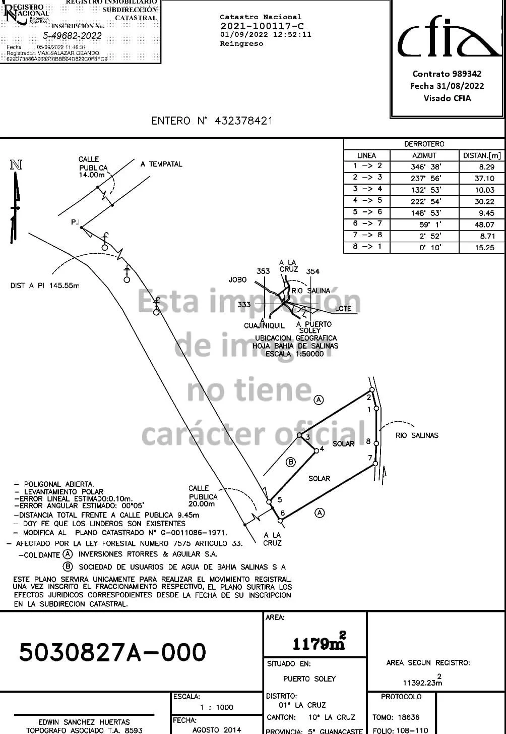 Land survey map showing property boundaries, roads, water bodies, and lot divisions with technical details and measurements for land in Puerto Saloy, Guanacaste, Costa Rica.
