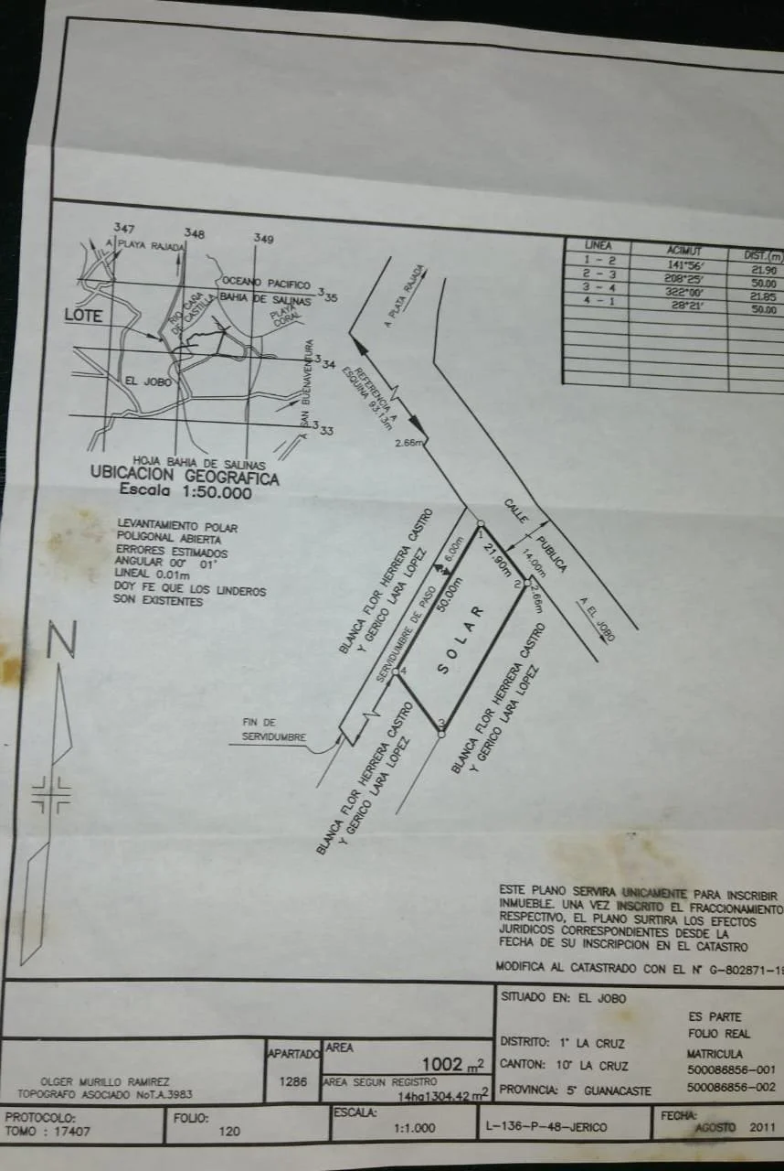 A detailed land survey map showing boundaries, measurements, and geographic features of a property in La Cruz district, Guanacaste, Costa Rica.
