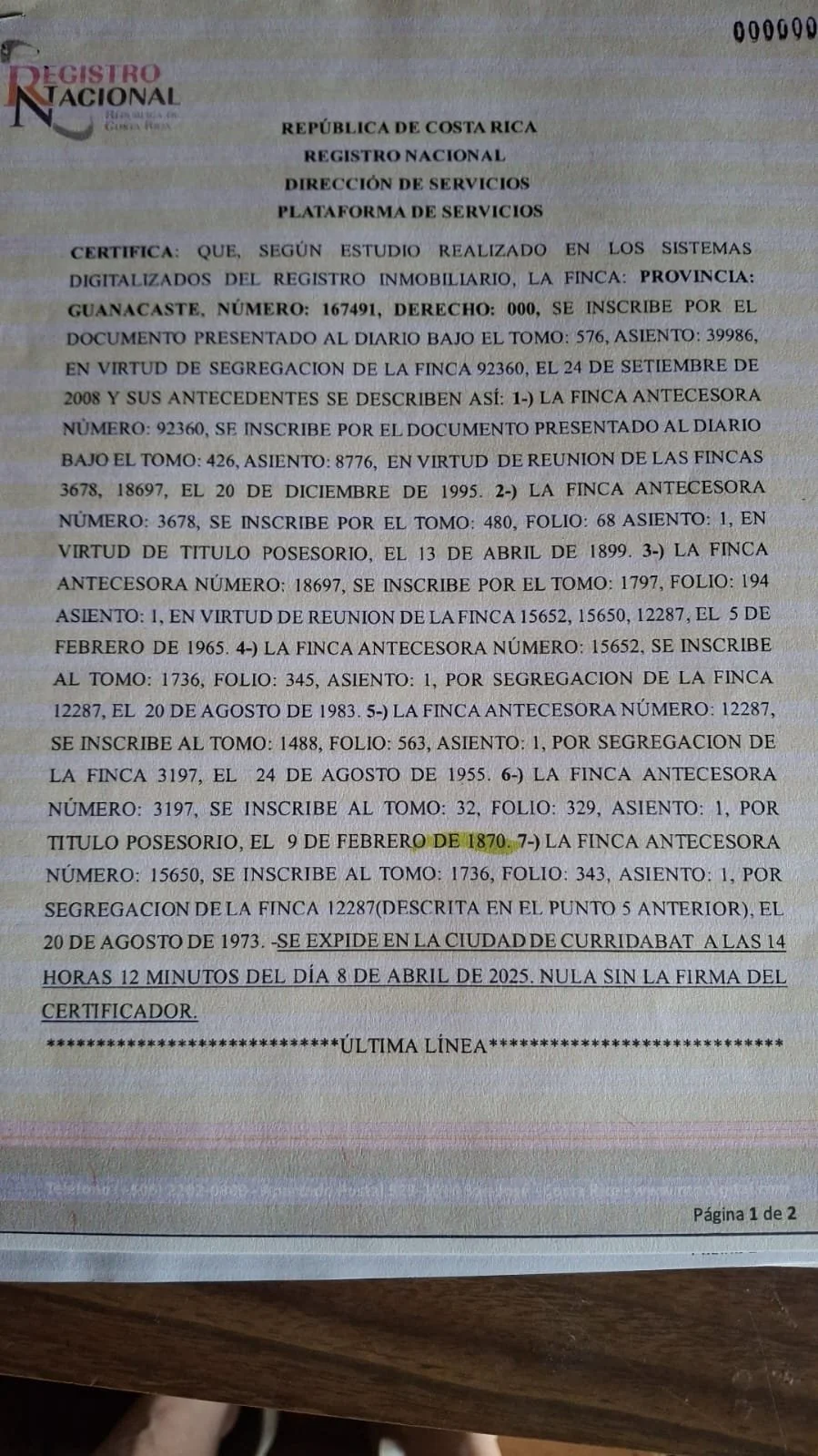 Official document from Costa Rica's national registry, listing property records, ownership details, and transaction history, including dates and registration numbers.