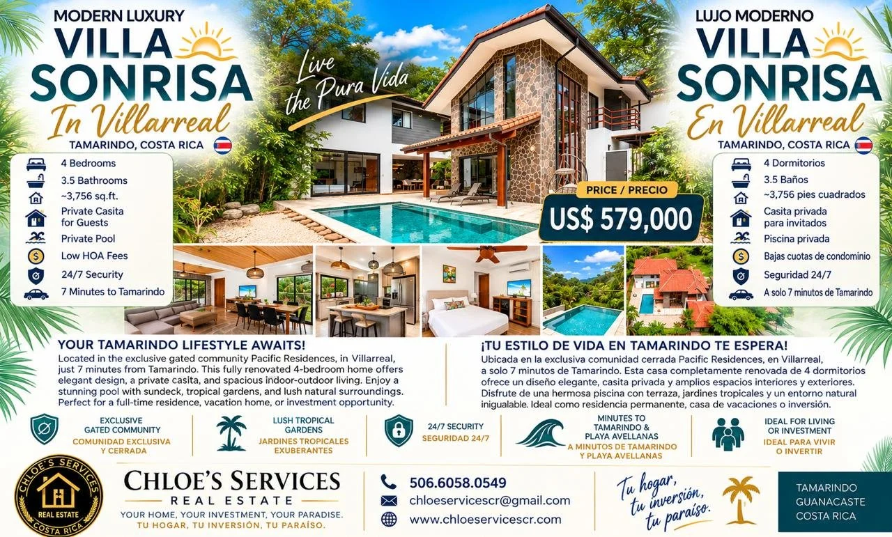 Advertisement for Villa Sonrisa, a luxury villa in Tamarindo, Costa Rica, featuring images of the villa, swimming pool, living areas, and information about the property including price, amenities, security, and contact details.