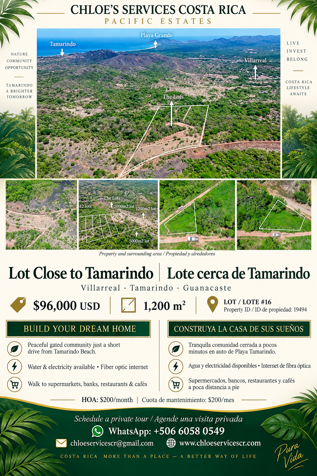Flyer advertising a property lot for sale near Tamarindo, Costa Rica. Features aerial images of the land, location highlights including Tamarindo, Playa Grande, and Villareal, and details about the lot size (1,200 m²), price ($96,000 USD), and nearby amenities. Bilingual text highlights building advantages and contact information.