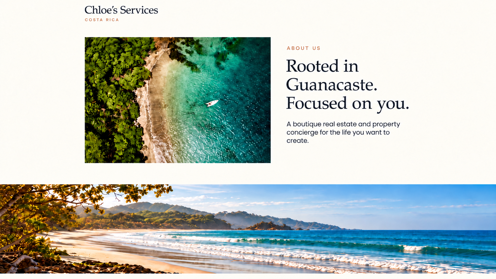 A website for Chloe's Services, a real estate business in Costa Rica, featuring images of beaches and ocean waters.