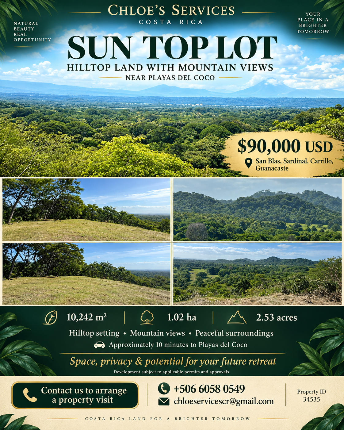 Advertisement for a hillside land plot in Costa Rica, priced at $90,000 USD, near Playas del Coco. The land offers mountain views and peaceful surroundings, with details about size (10,242 square meters, 1.02 hectares, or 2.53 acres), location, and contact information.