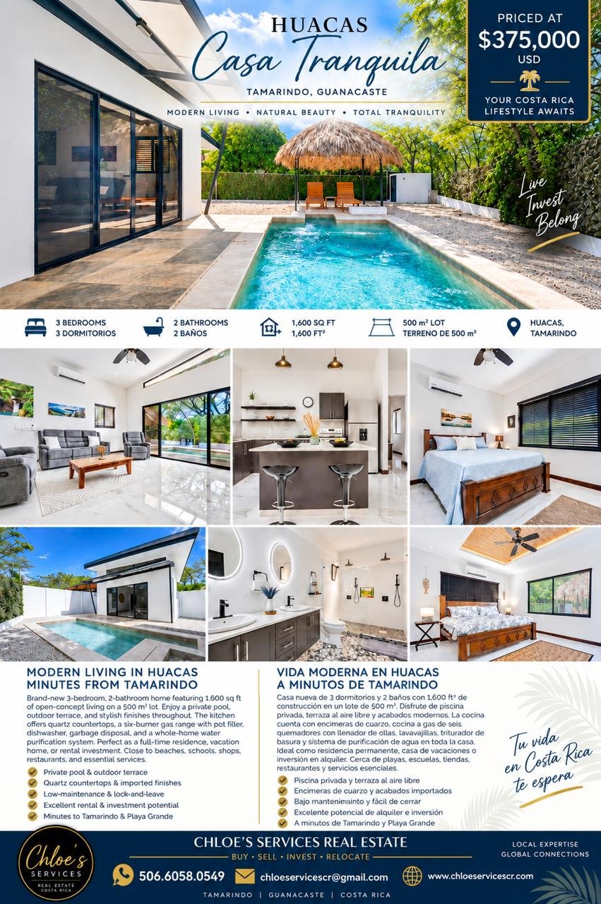 Real estate advertisement for Casa Tranquila in Tamarindo, Guanacaste, Costa Rica, featuring a swimming pool, modern living rooms, kitchen, and bedrooms, with details about property size, features, and pricing.