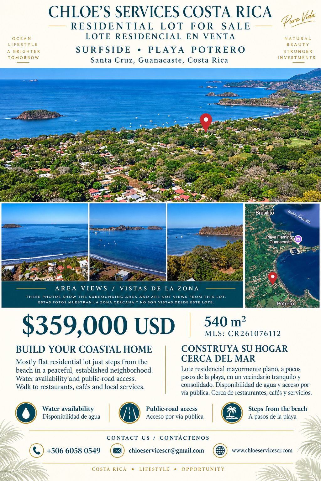 Real estate flyer for a residential lot for sale in Costa Rica with aerial photographs of the coastline and map showing location, priced at $359,000 USD, with details about water availability, public-road access, and proximity to the beach.