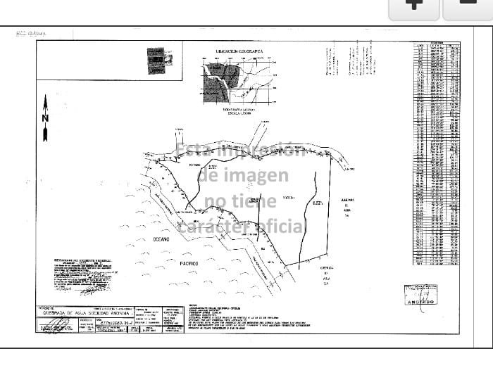 Topographic map showing a land area, coastline, and ocean with a north arrow and a smaller inset map at the top right corner. There are tables of data on the right side and official stamps.