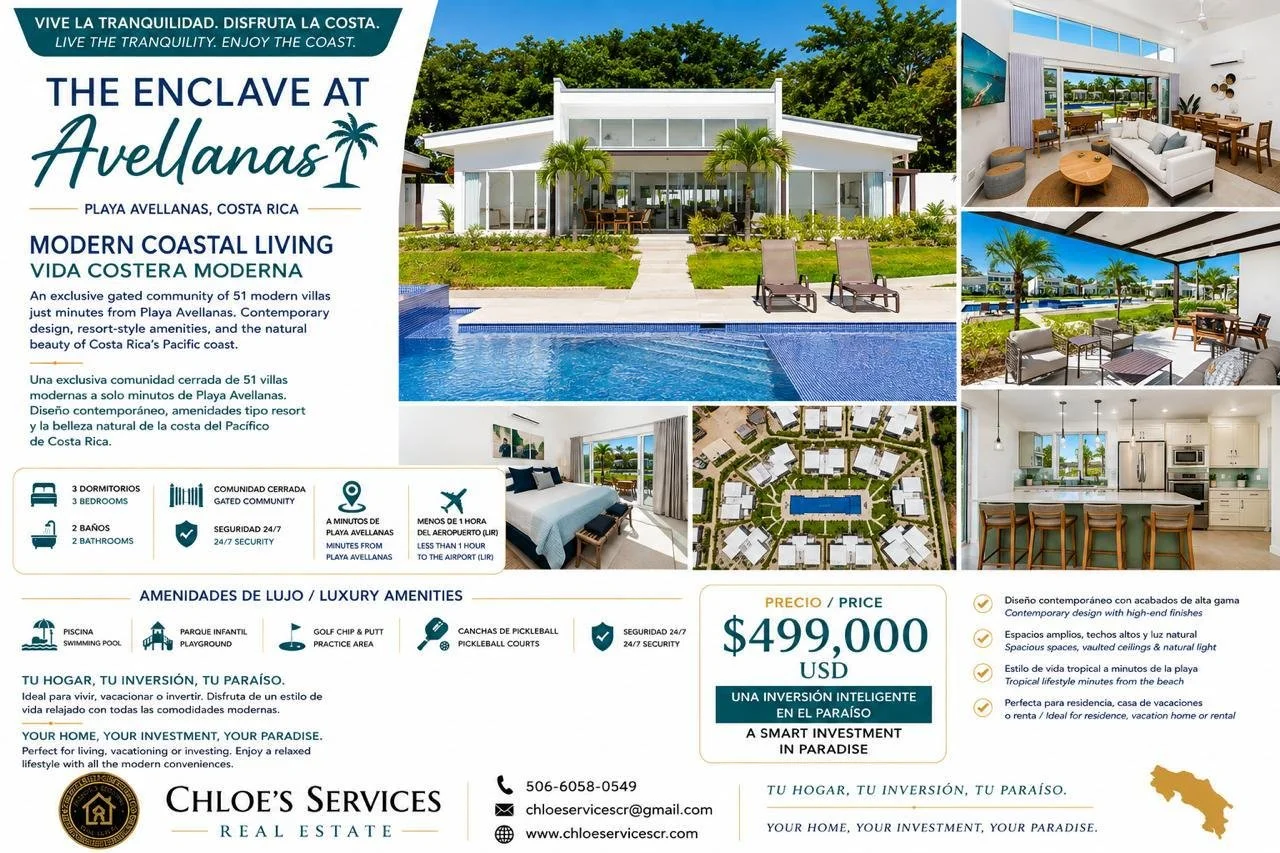 Flyer advertising The Enclave at Avellanas, a gated community of modern villas in Playa Avellanas, Costa Rica, featuring images of a villa exterior with a pool, interior living space, outdoor lounge area, bedroom, and aerial site plan.