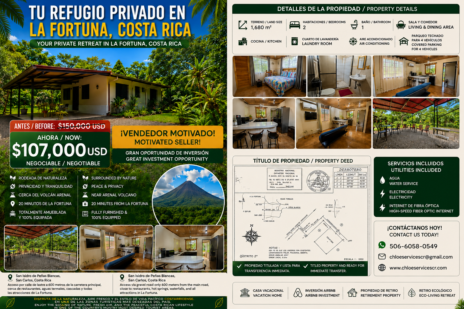 A promotional flyer for a private retreat in La Fortuna, Costa Rica, featuring images of the property, rooms, kitchen, and outdoor areas, with property details, pricing, and contact information.