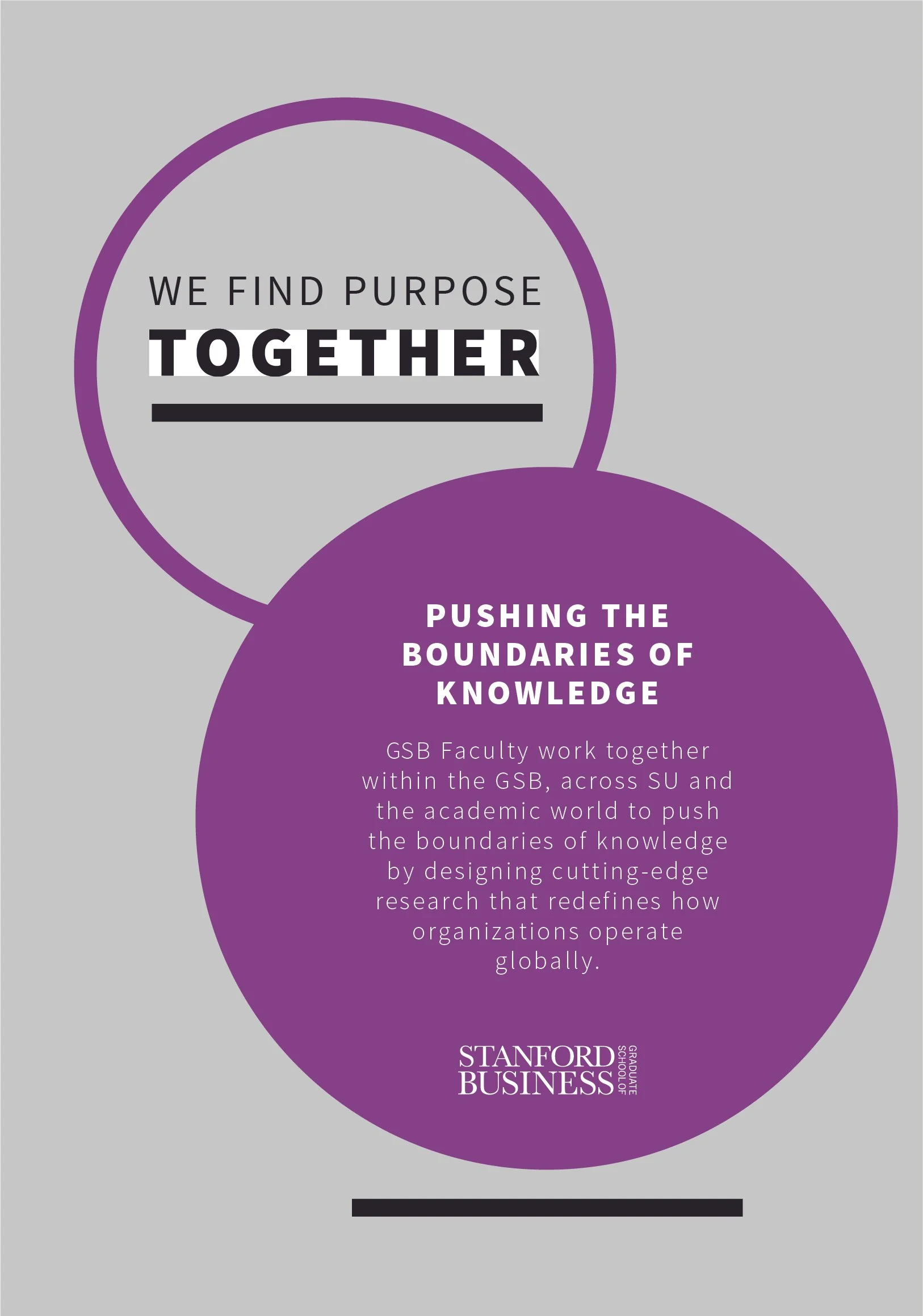 A motivational poster with the text "We find purpose together" and "Pushing the boundaries of knowledge". It promotes Stanford Graduate School of Business brand refresh pillars and features purple geometric shapes and gray background with black text.