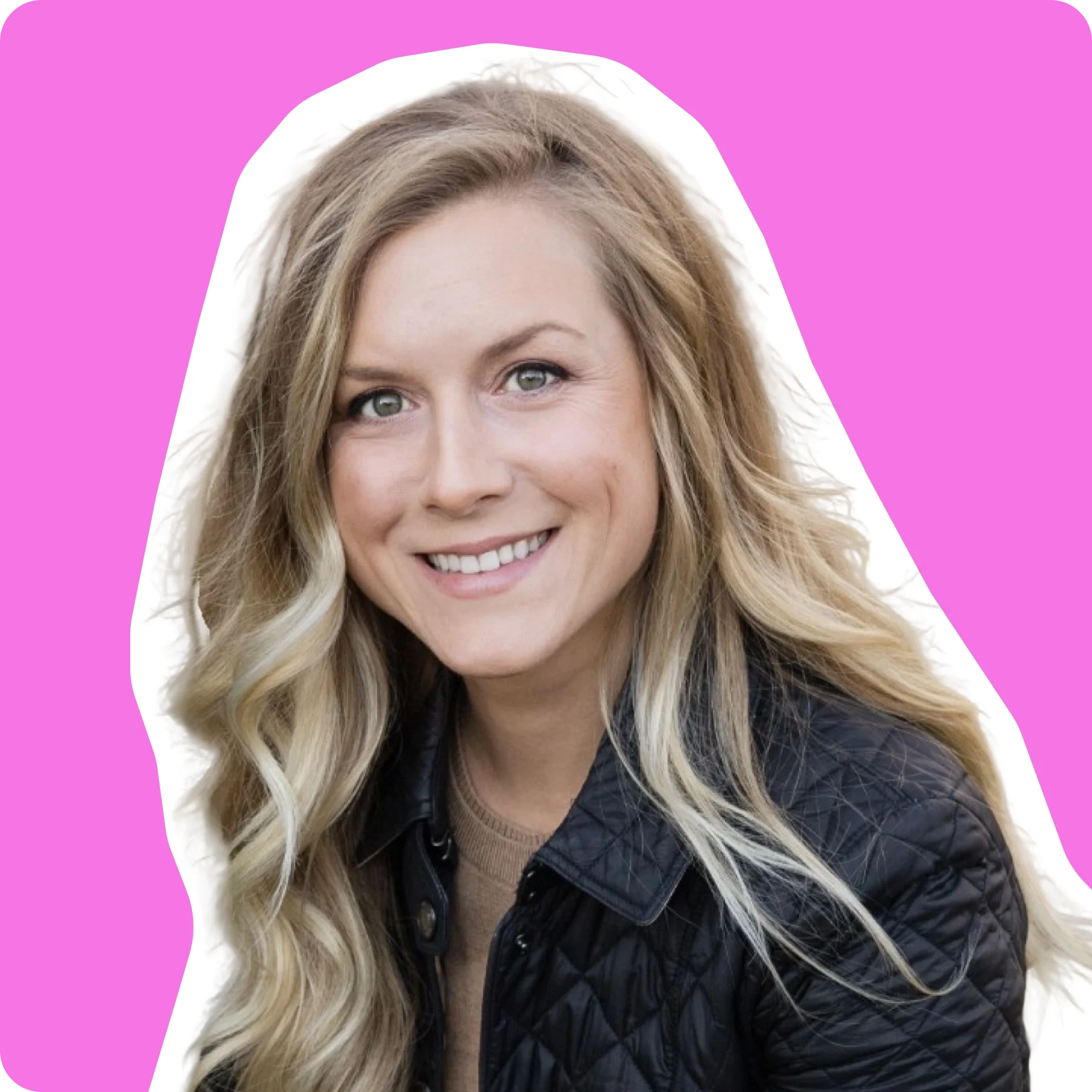 Co-founder of Brand-ish with long blonde hair, wearing a black quilted jacket, portrait against a bright pink-ish background.