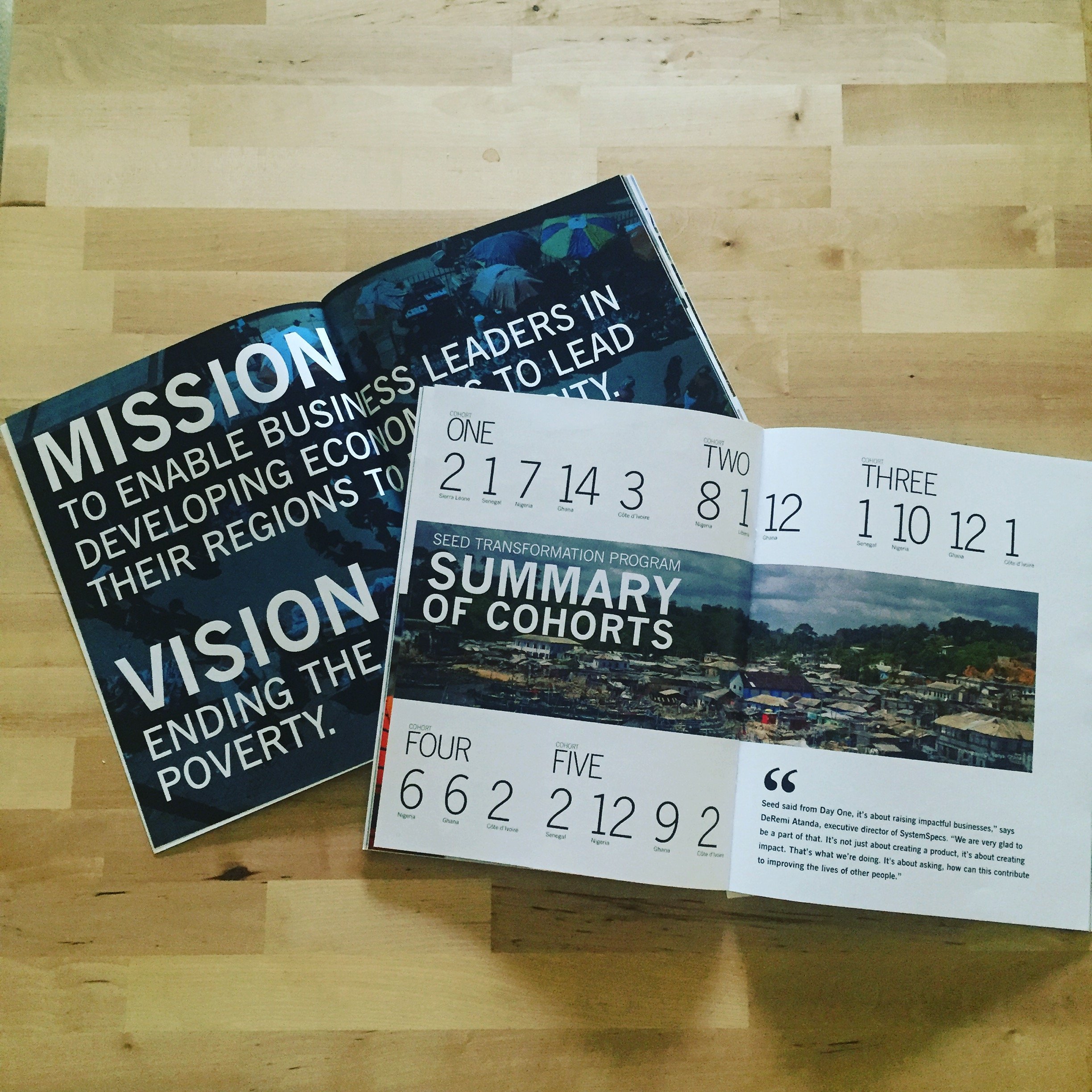Printed brochure for Stanford Seed with summit of cohorts, including a booklet titled "MISSION" and a sheet with country codes and a quote about systemic impact, on a wooden surface.